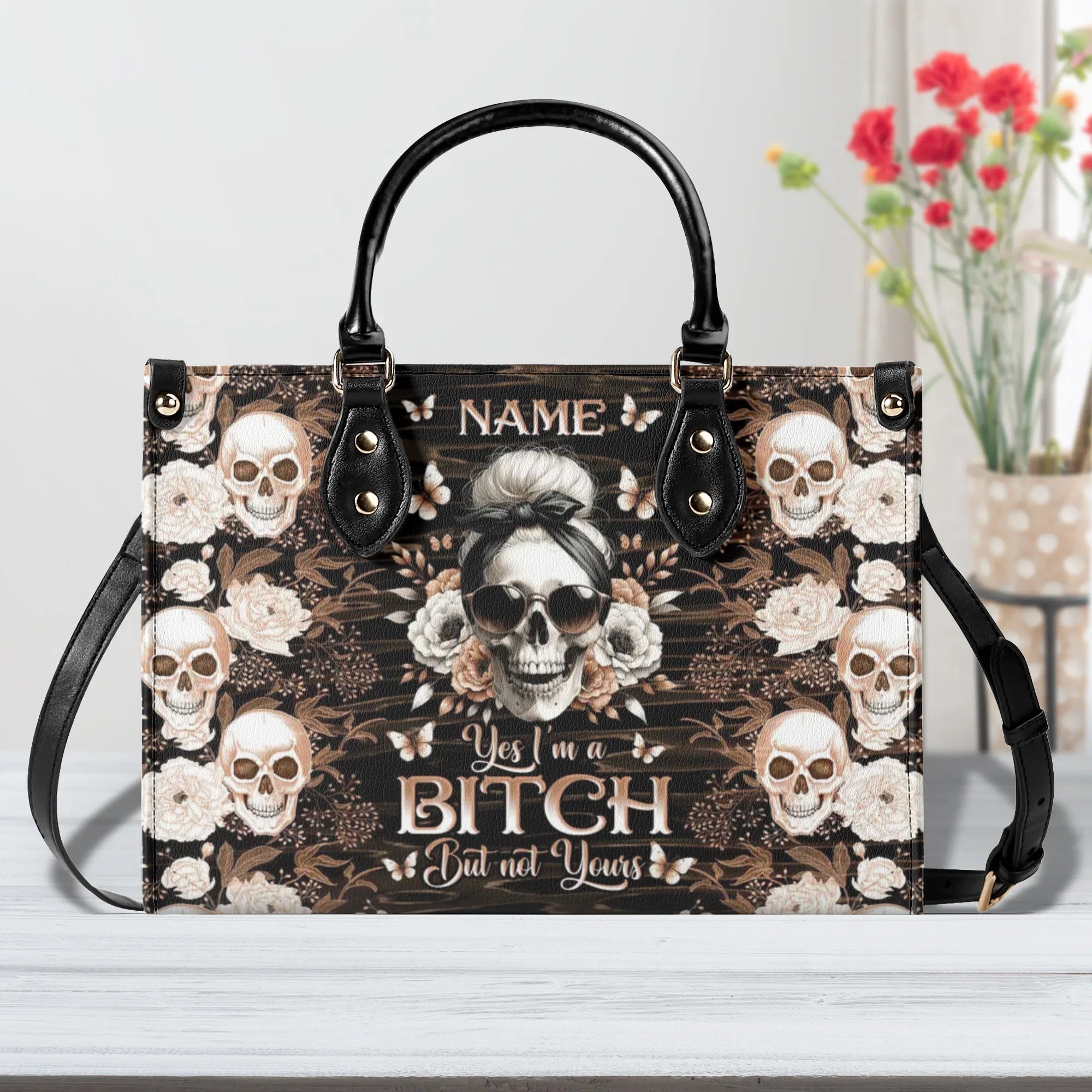 YES I'M A B BUT NOT YOURS MESSY BUN SKULL LEATHER HANDBAG - TLNO3005242