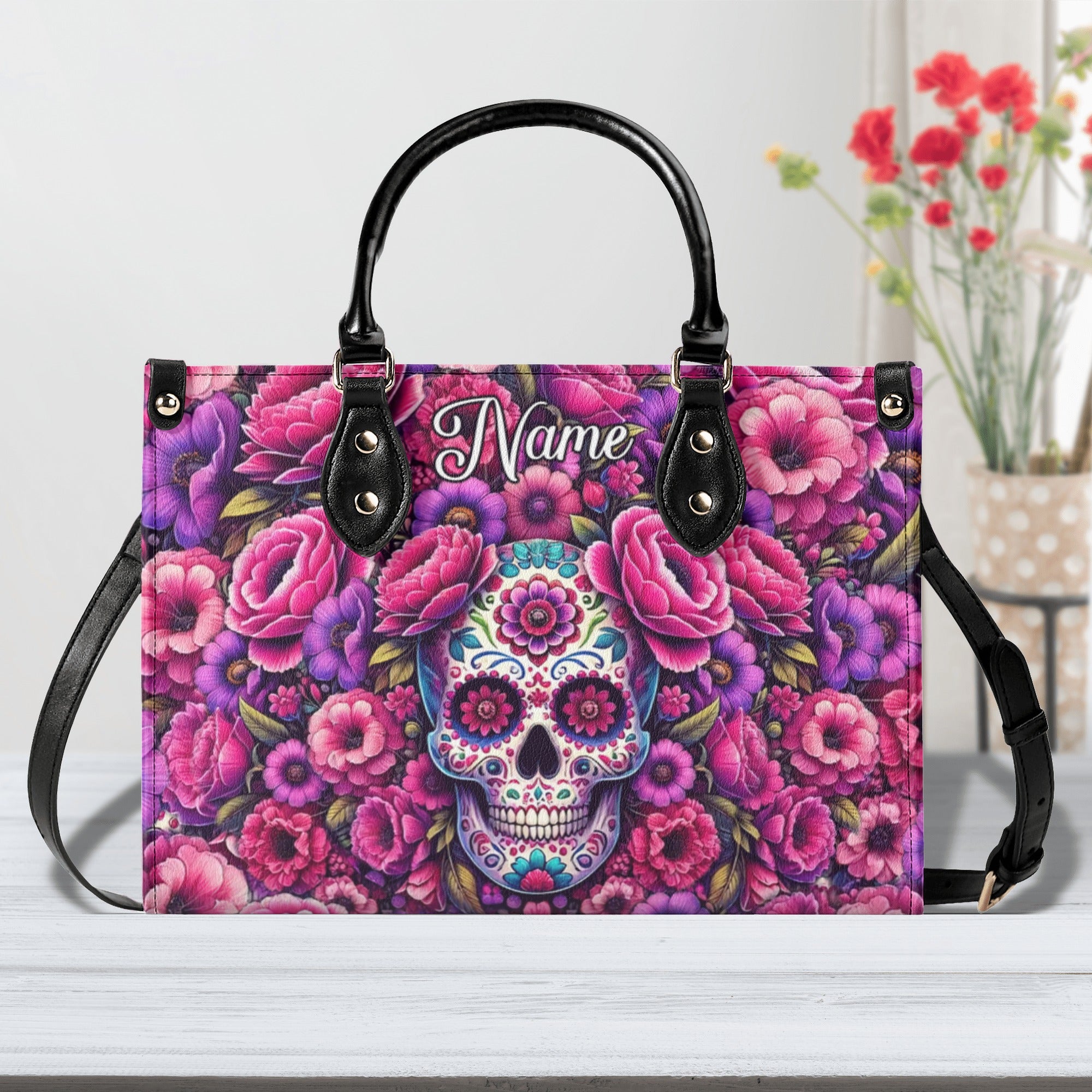 SUGAR SKULL FLOWER ART LEATHER HANDBAG - TLNT2412244