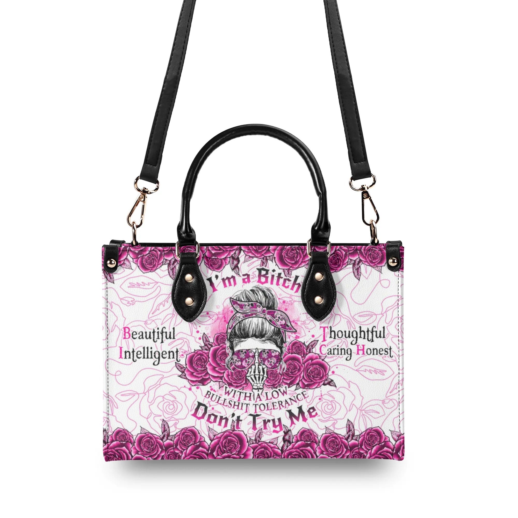 I'M A B DON'T TRY ME ROSE MESSY BUN  LEATHER HANDBAG - TLNO0710244