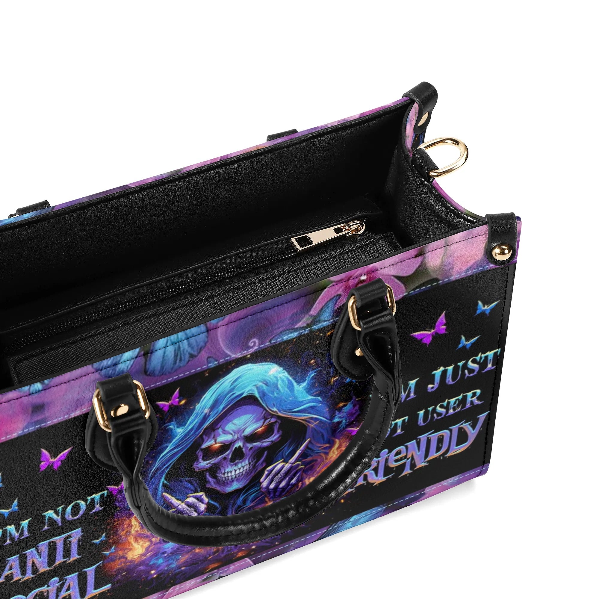 I'M NOT ANTI-SOCIAL MAD REAPER SKULL LEATHER HANDBAG - TLNZ0406244