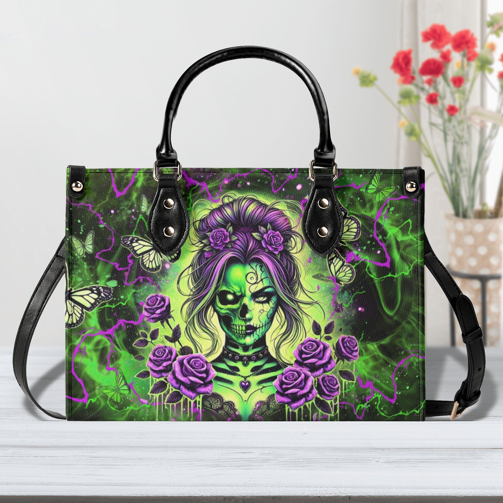 SKULL LADY PURPLE ROSE LEATHER HANDBAG - YHLT2512244