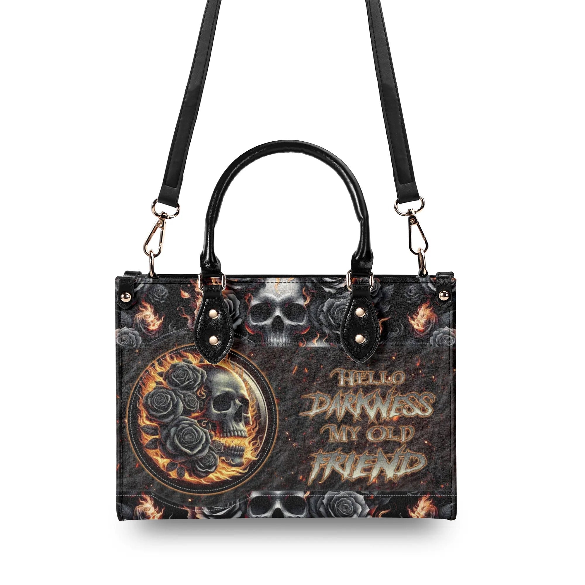 HELLO DARKNESS MY OLD FRIEND SKULL ROSE FIRE LEATHER HANDBAG - TLNZ1206245