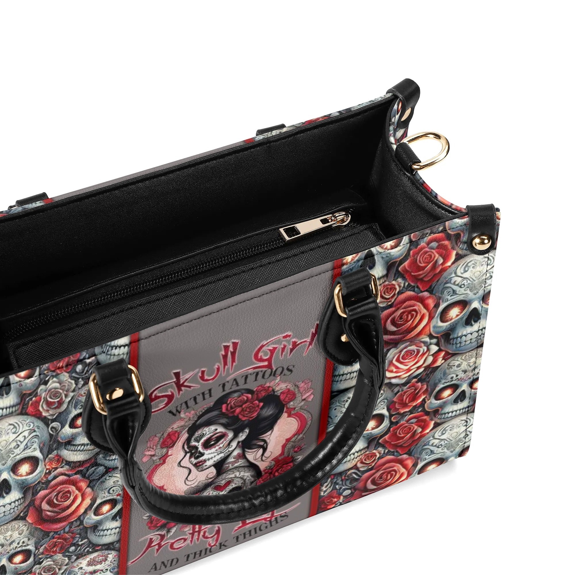 SKULL GIRL WITH TATTOOS PRETTY EYES SUGAR SKULL LEOPARD LEATHER HANDBAG - TLTR1406245