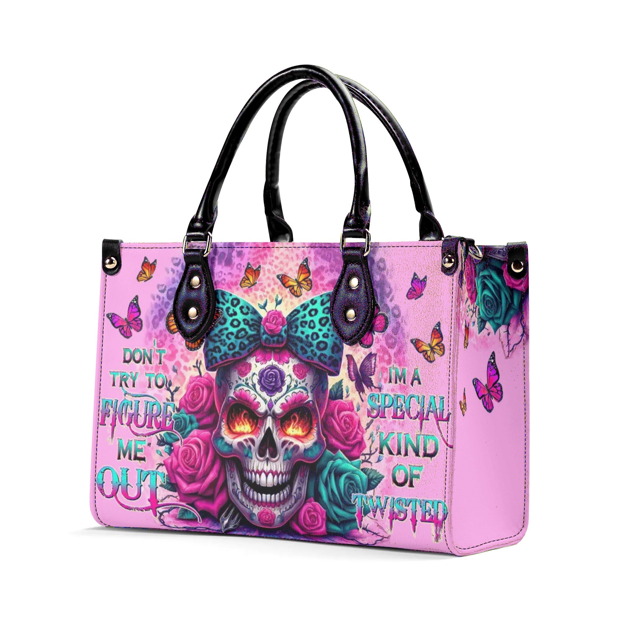 DON'T TRY TO FIGURE ME OUT SUGAR SKULL LEOPARD LEATHER HANDBAG - TLTW1306247