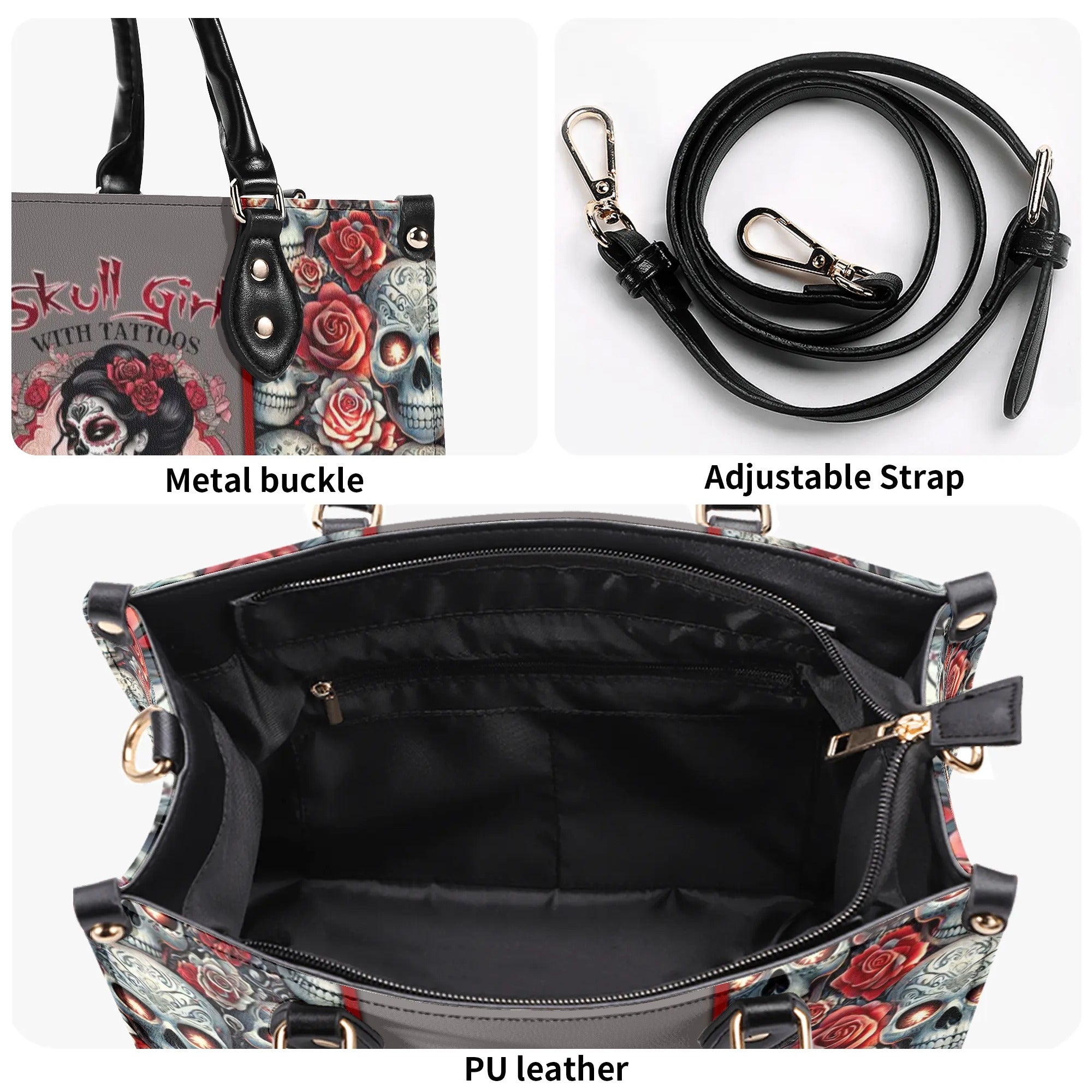 SKULL GIRL WITH TATTOOS PRETTY EYES SUGAR SKULL LEOPARD LEATHER HANDBAG - TLTR1406245