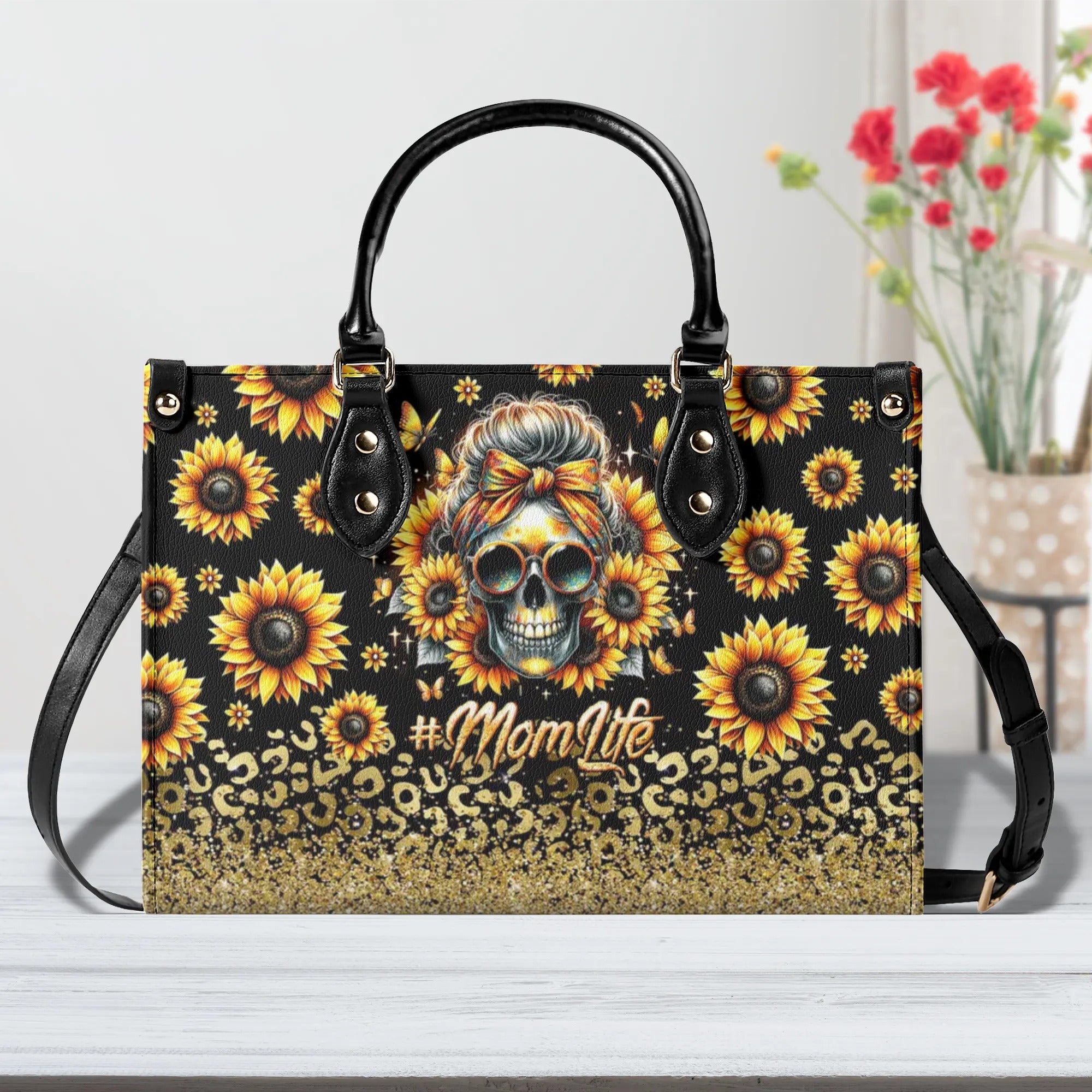 MOM LIFE MESSY BUN SUNFLOWER LEOPARD LEATHER HANDBAG - TLTW0706241