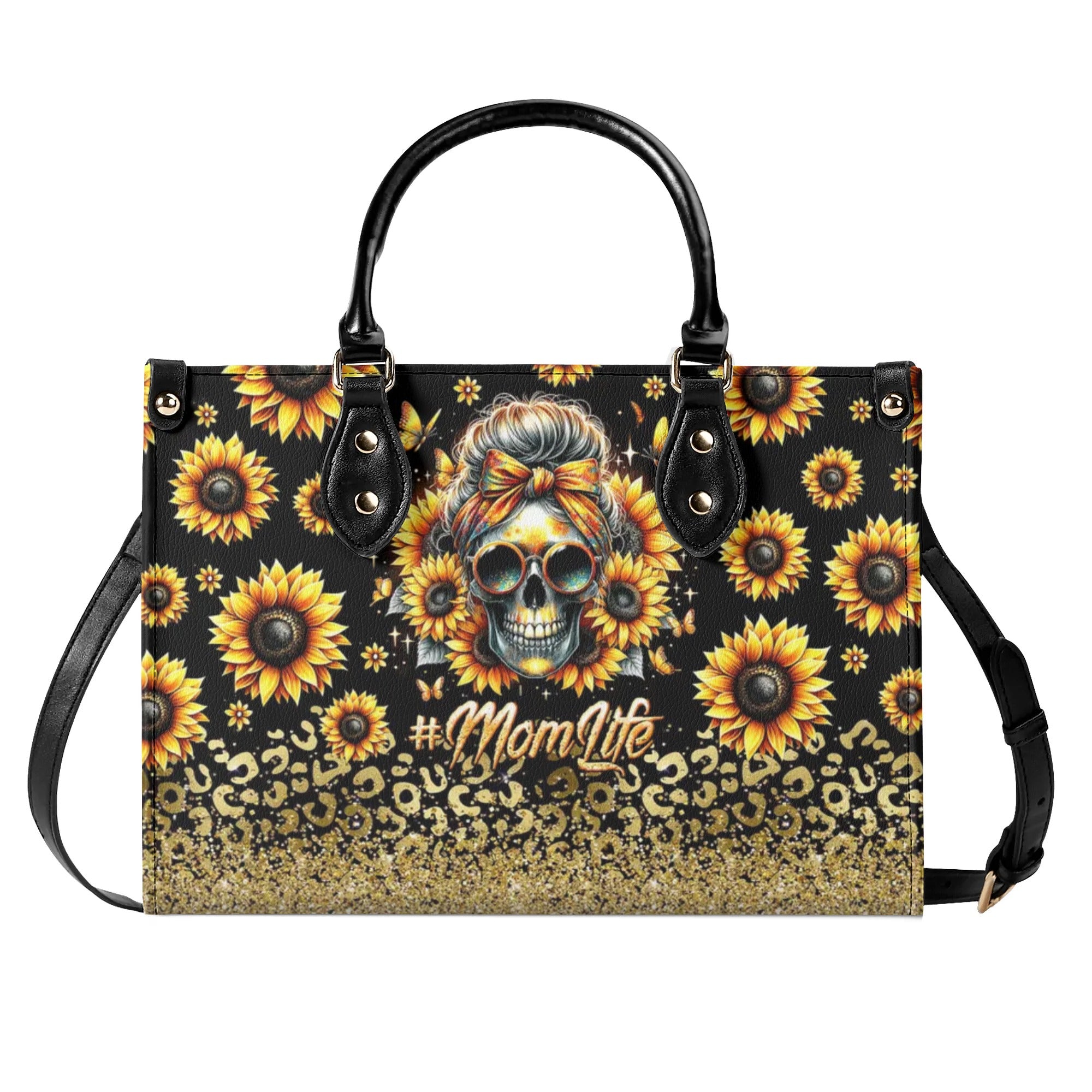 MOM LIFE MESSY BUN SUNFLOWER LEOPARD LEATHER HANDBAG - TLTW0706241