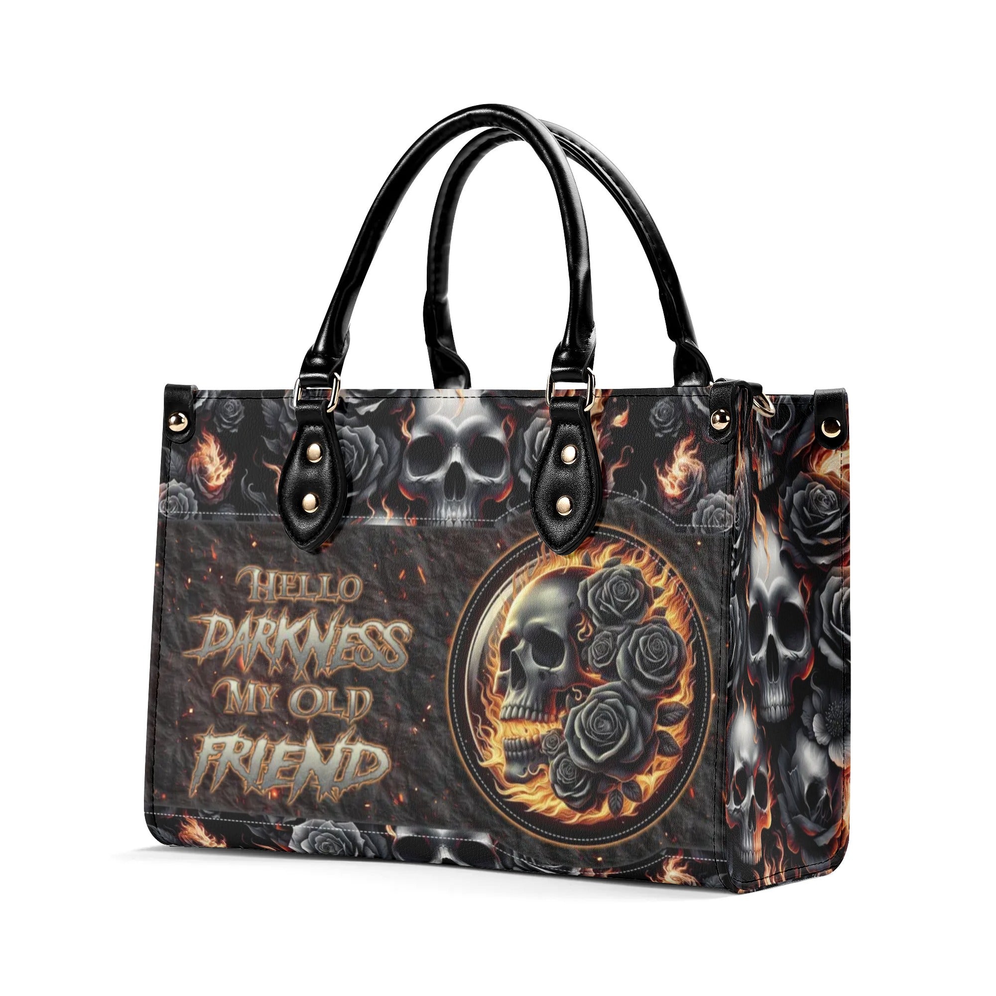 HELLO DARKNESS MY OLD FRIEND SKULL ROSE FIRE LEATHER HANDBAG - TLNZ1206245