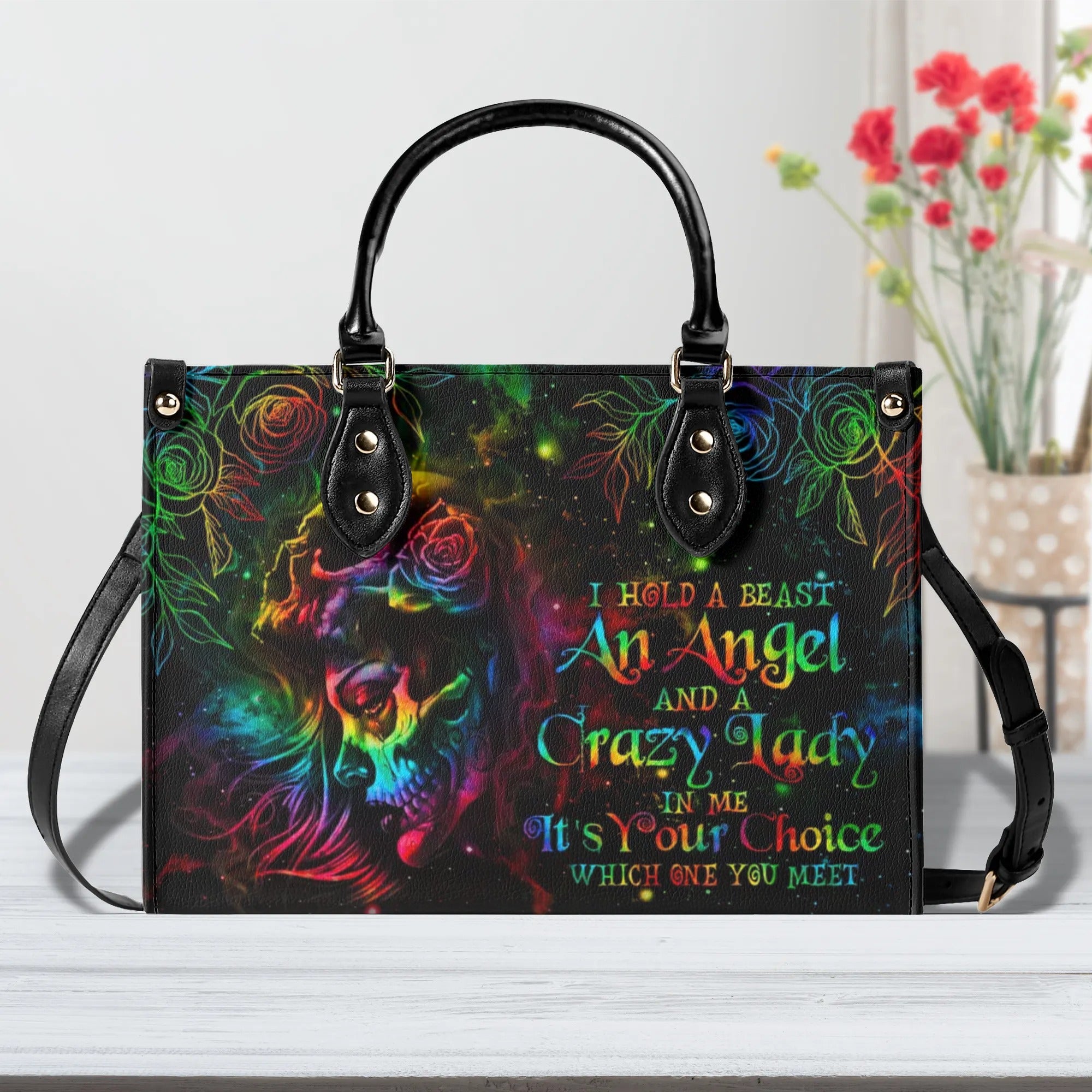 I HOLD A BEAST AN ANGEL SKULL GIRL TIE DYE LEATHER HANDBAG - TLNO2606242