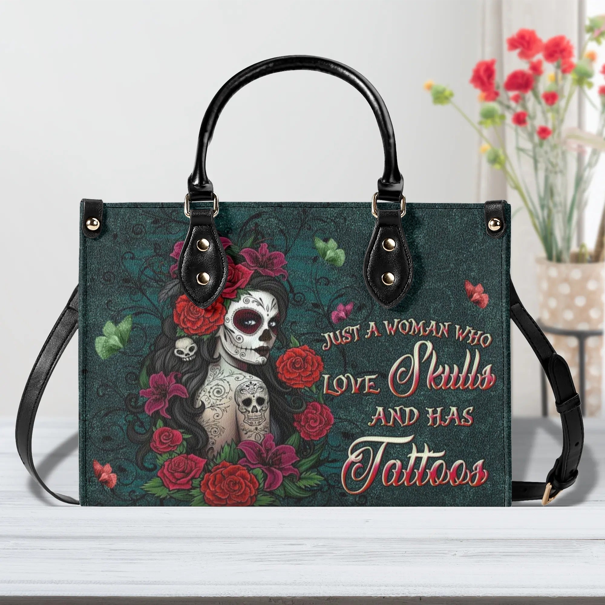 JUST A WOMAN WHO LOVES SKULL AND HAS TATTOOS LEATHER HANDBAG - YHLN0110245