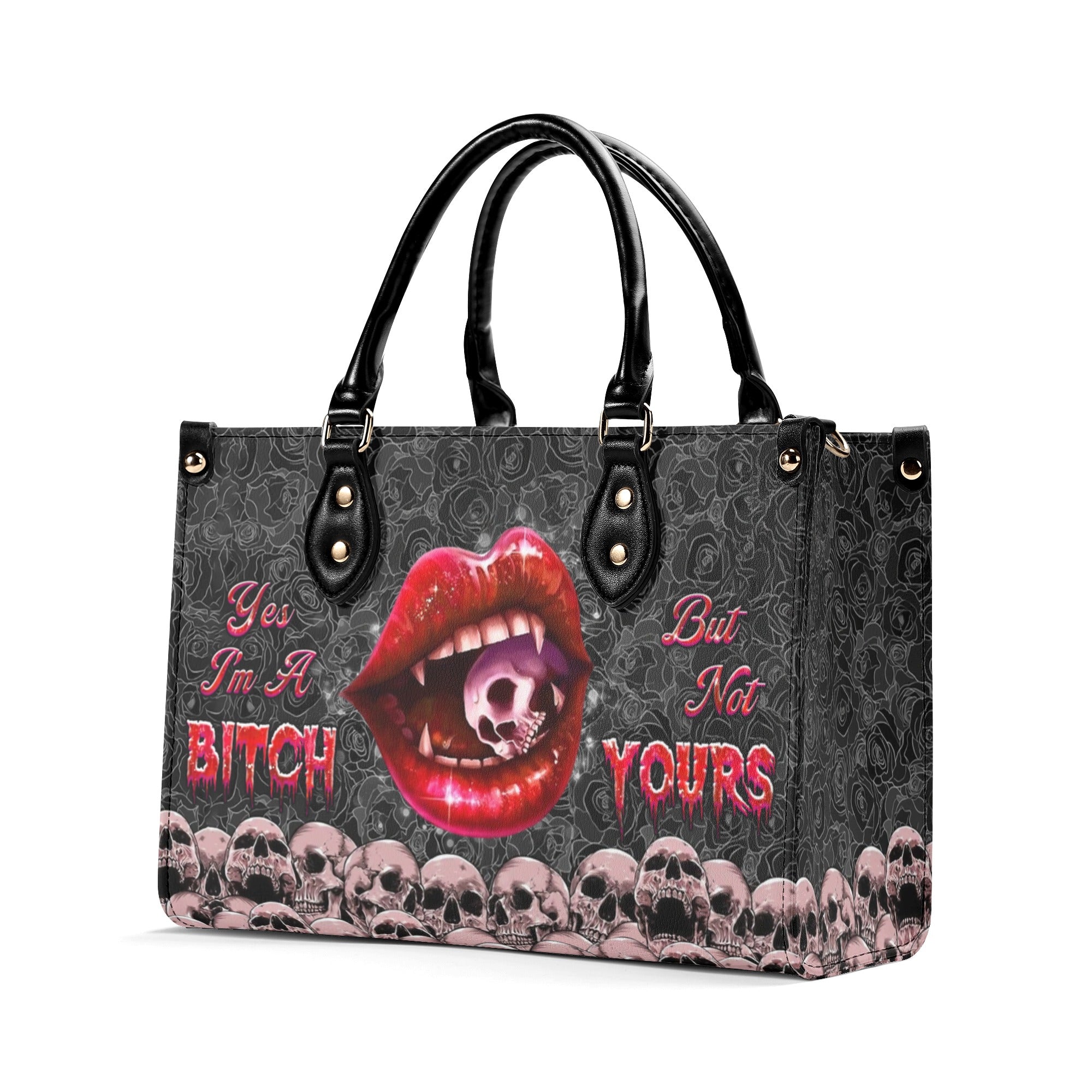 YES I'M A B BUT NOT YOURS SKULL LIPS LEATHER HANDBAG - YHHG3112244