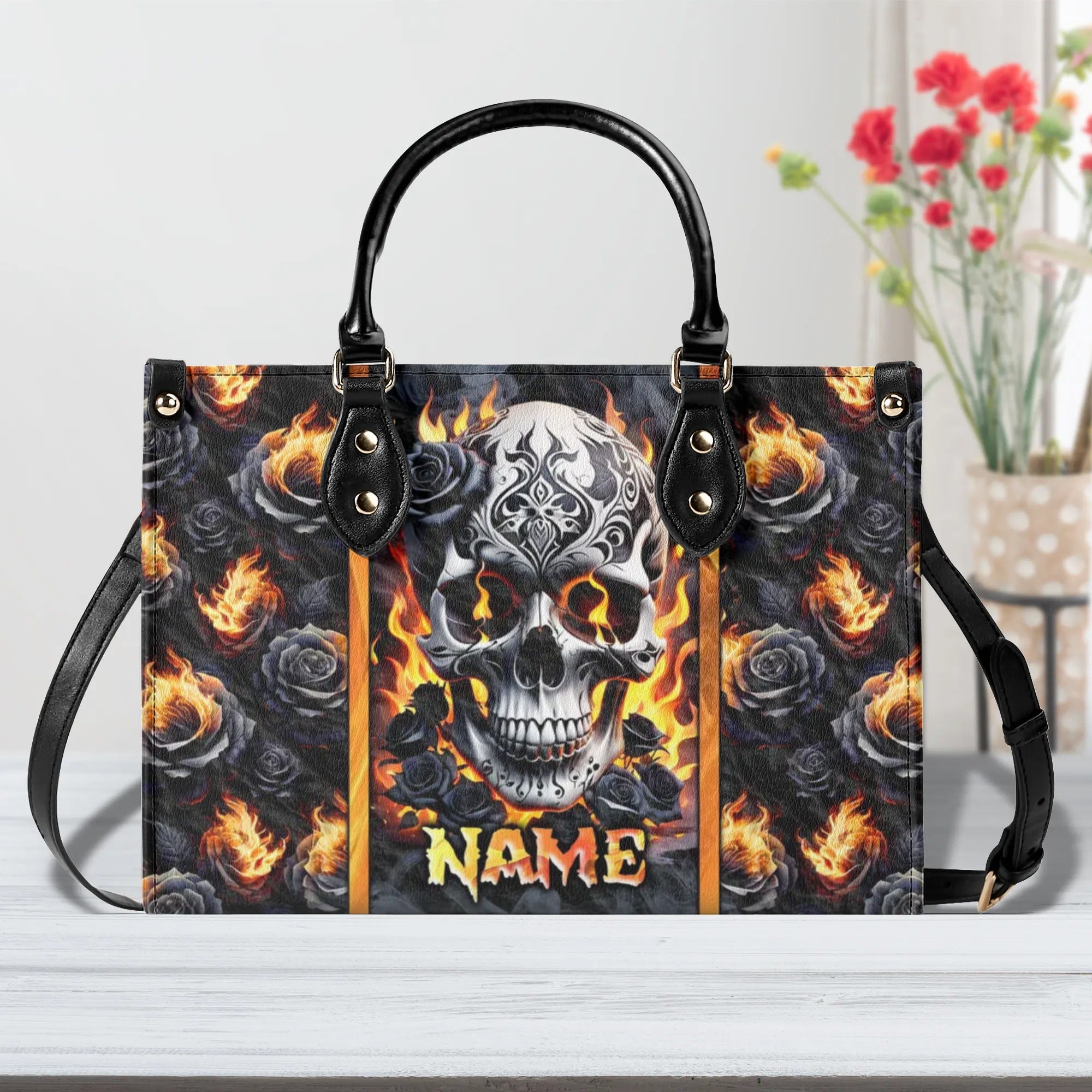 SKULL FIRE BLACK ROSE LEATHER HANDBAG - TLNZ2506245