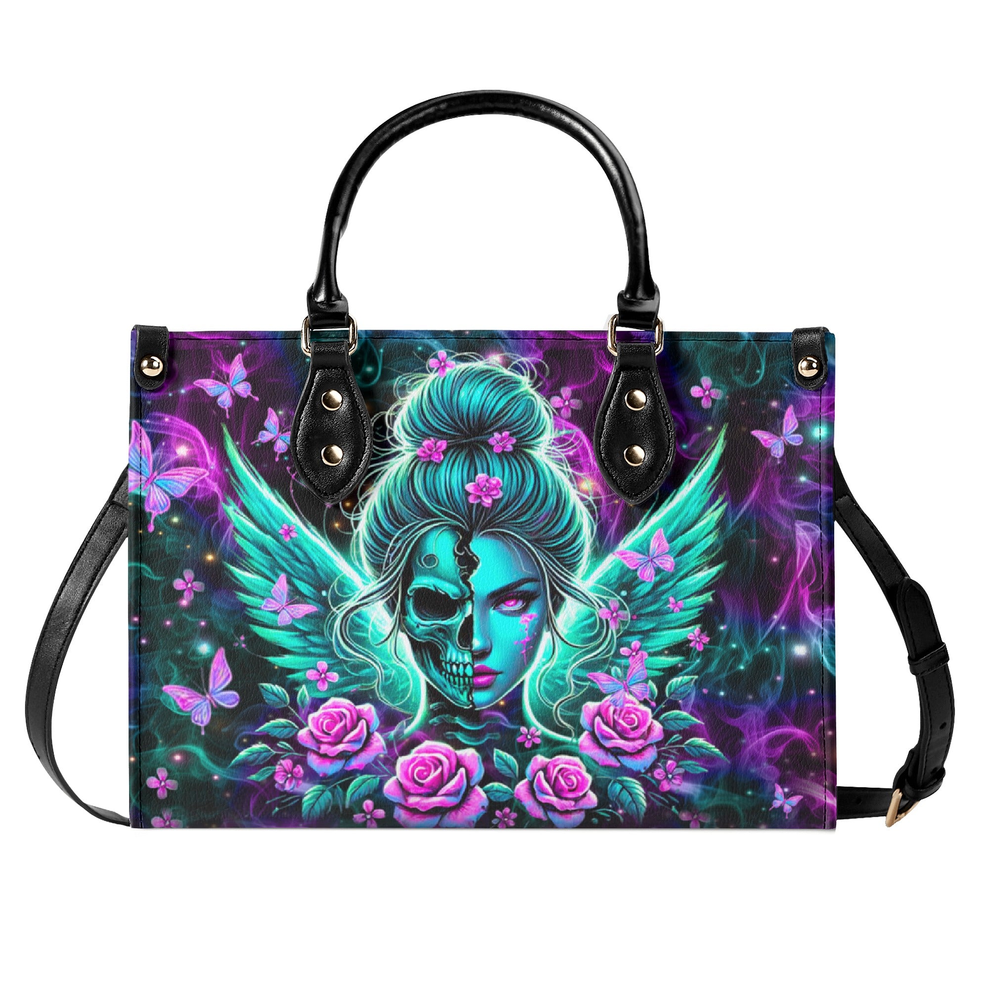 SKULL WINGS WITH ROSES LEATHER HANDBAG - YHHN0403254