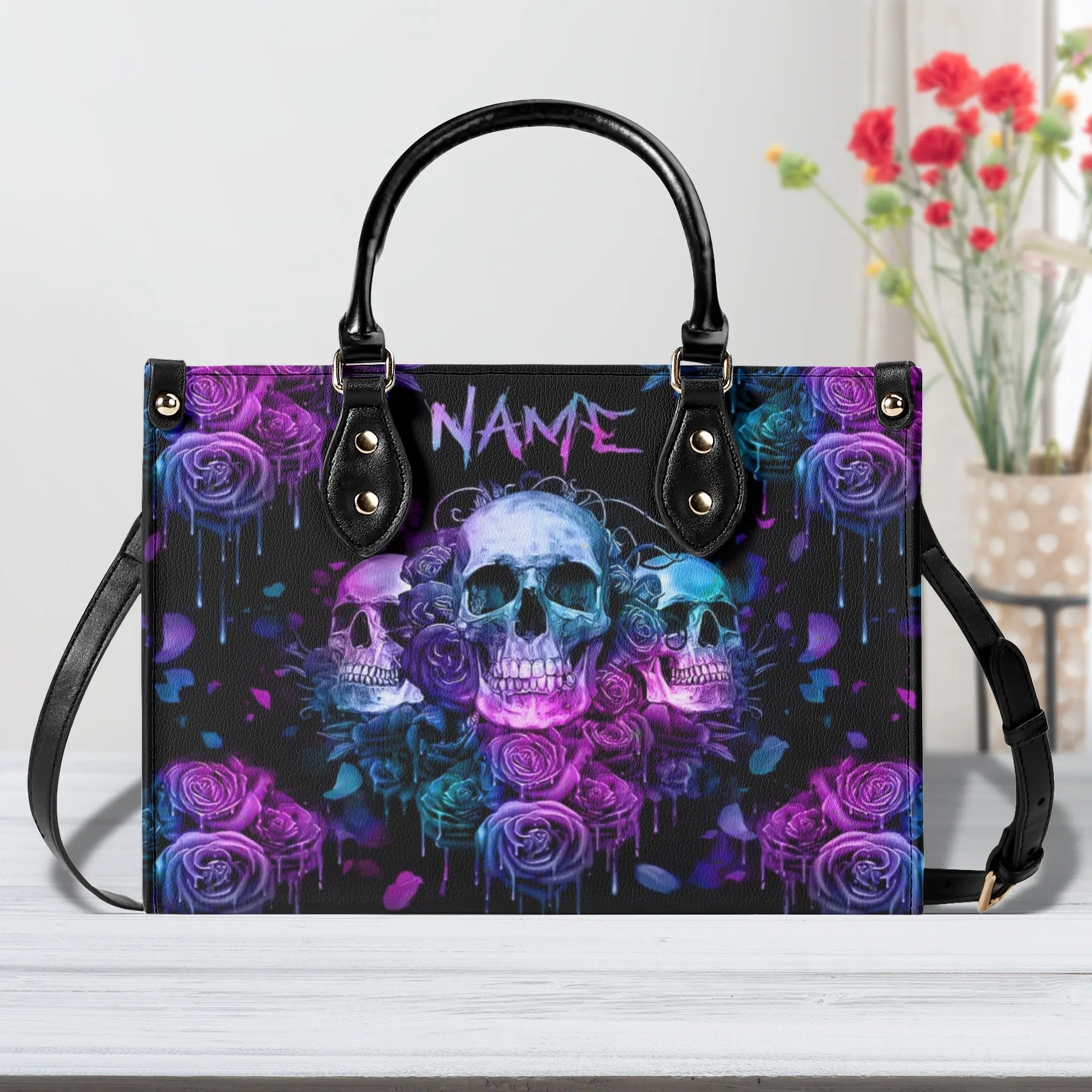 THREE SKULLS ROSE LEATHER HANDBAG - TLNZ2608243