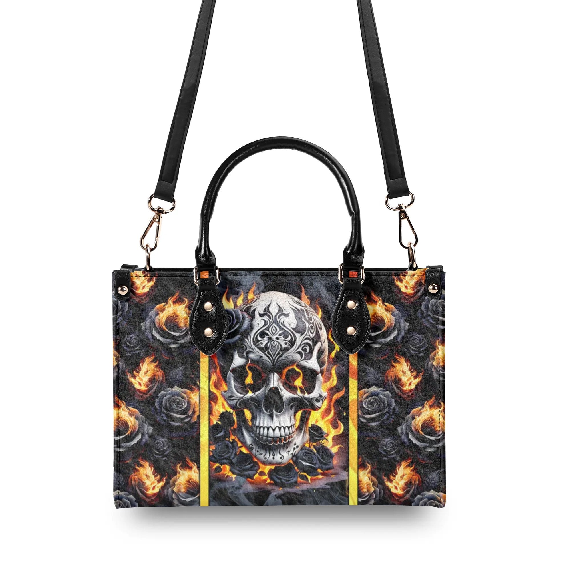 SKULL FIRE BLACK ROSE LEATHER HANDBAG - TLNZ2506245