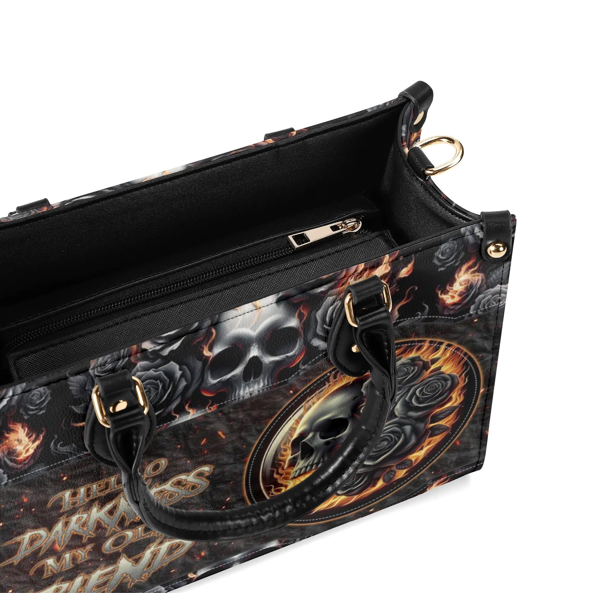 HELLO DARKNESS MY OLD FRIEND SKULL ROSE FIRE LEATHER HANDBAG - TLNZ1206245