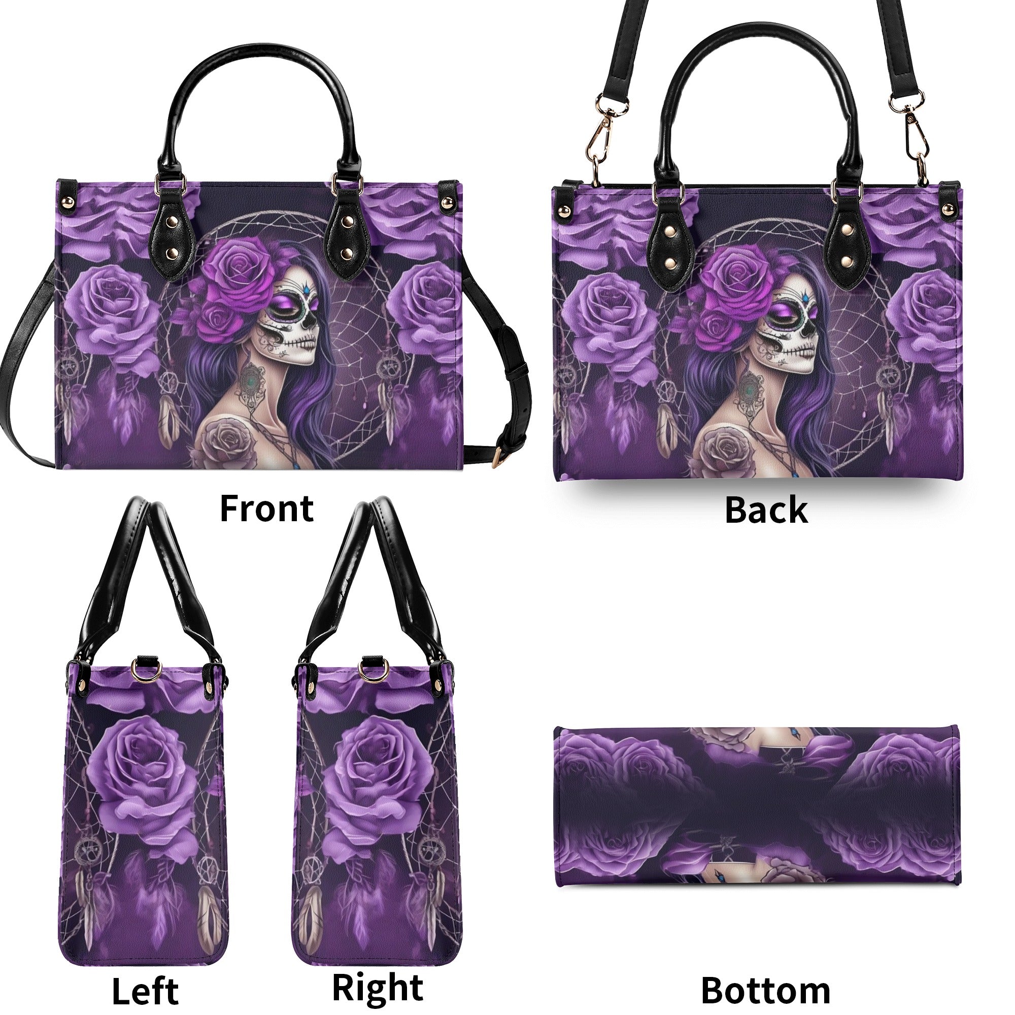 SUGAR SKULL LADY PURPLE ROSE LEATHER HANDBAG - YHHG0512245