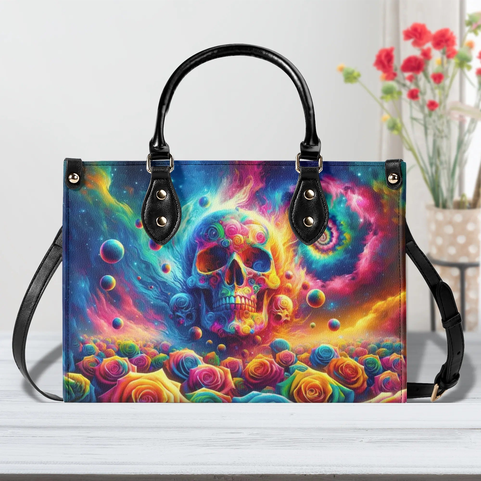 COLORFUL SKULL ROSE LEATHER HANDBAG - TLNT3005246