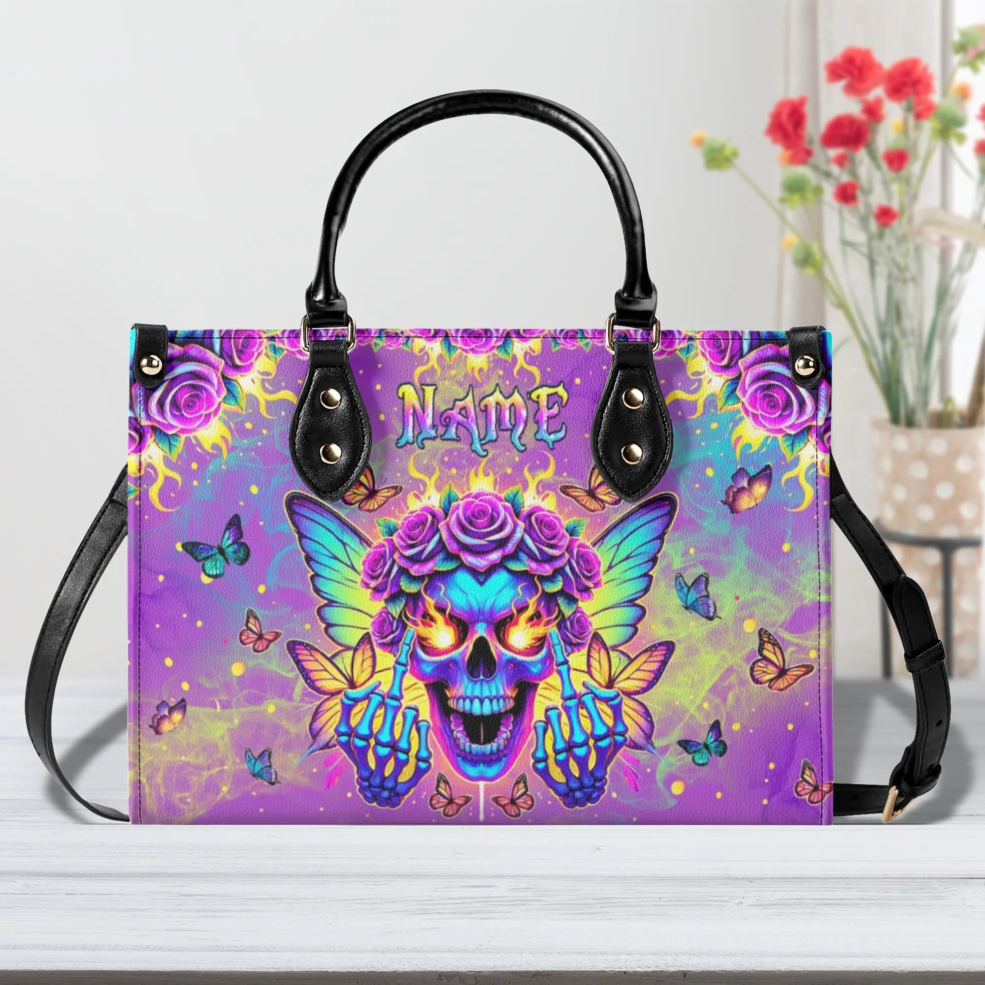 SKULL BUTTERFLY ART LEATHER HANDBAG - TLPQ1107245