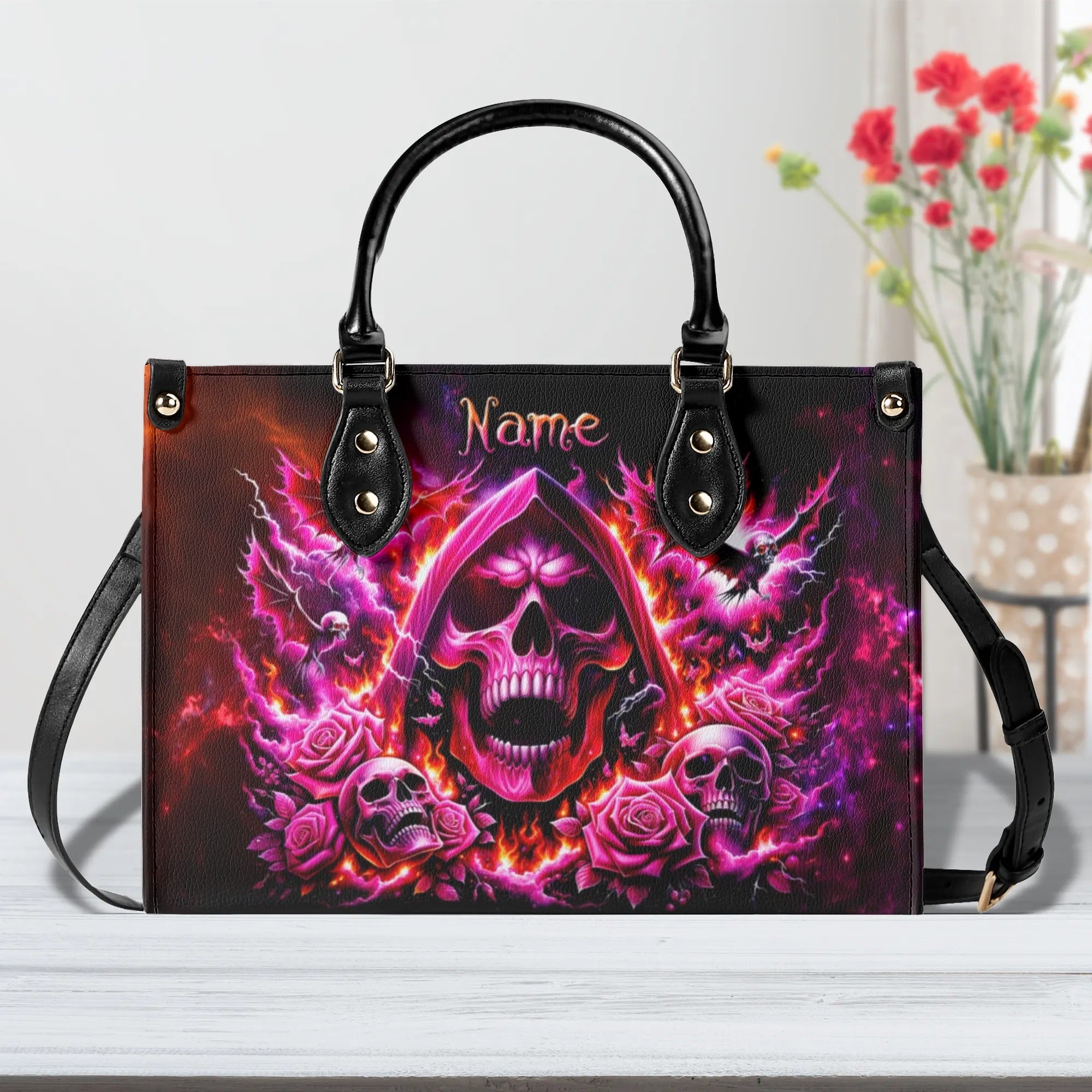 REAPER SKULL ROSE STORM LEATHER HANDBAG - TLTW1006241