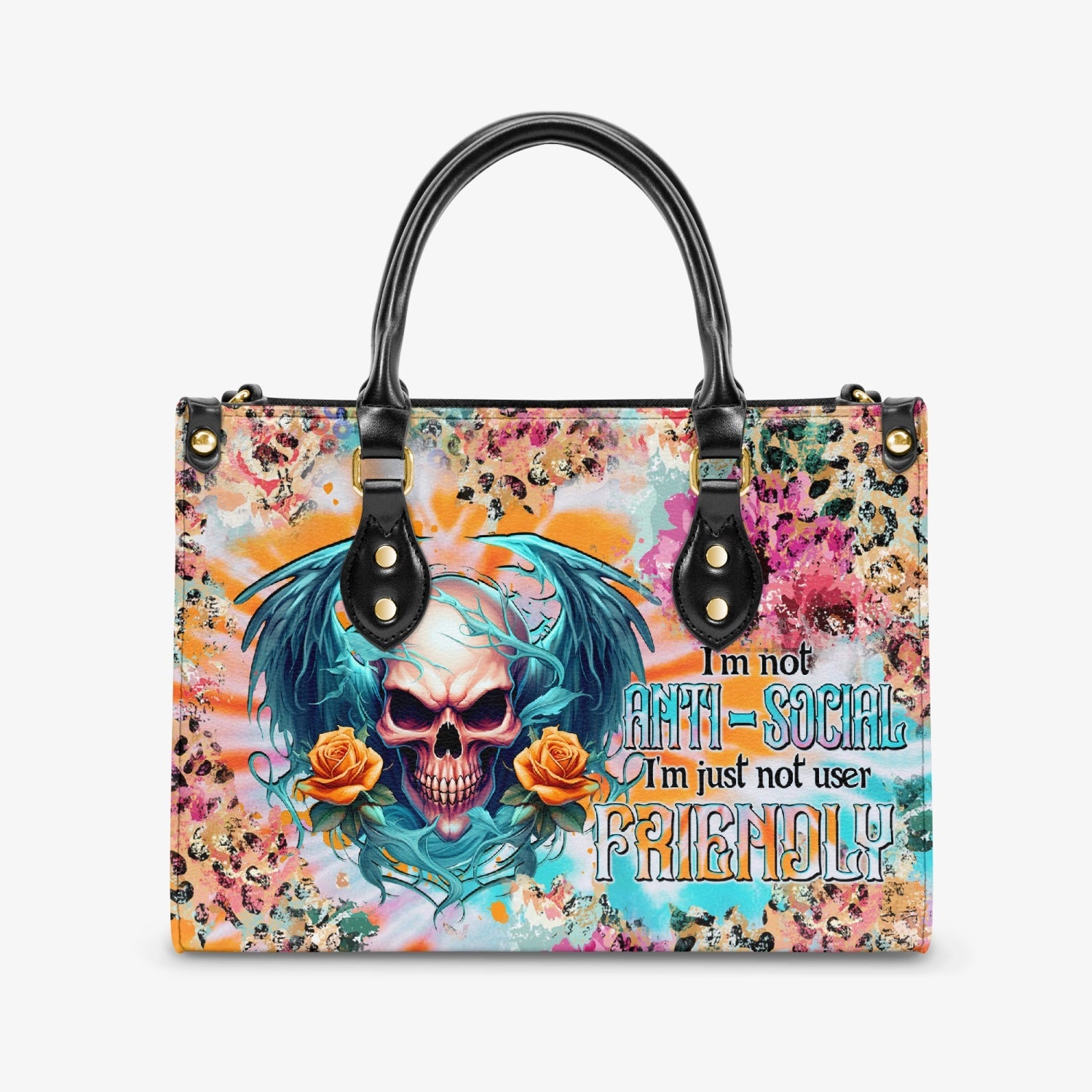 I'M NOT ANTI-SOCIAL SKULL WINGS TIE DYE LEATHER HANDBAG - TLTW0504241