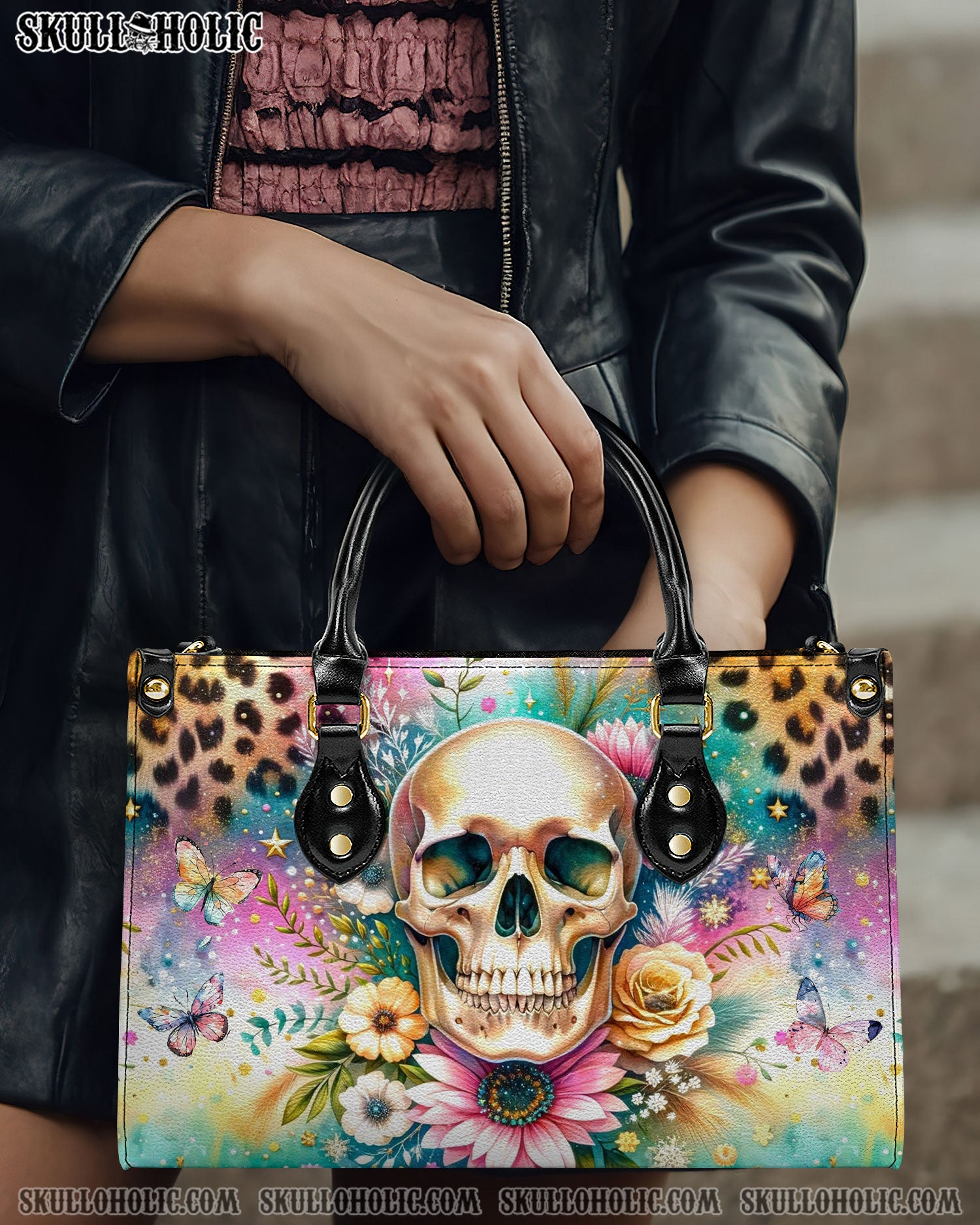 SKULL FLOWERS LEATHER HANDBAG - YHDU2606244