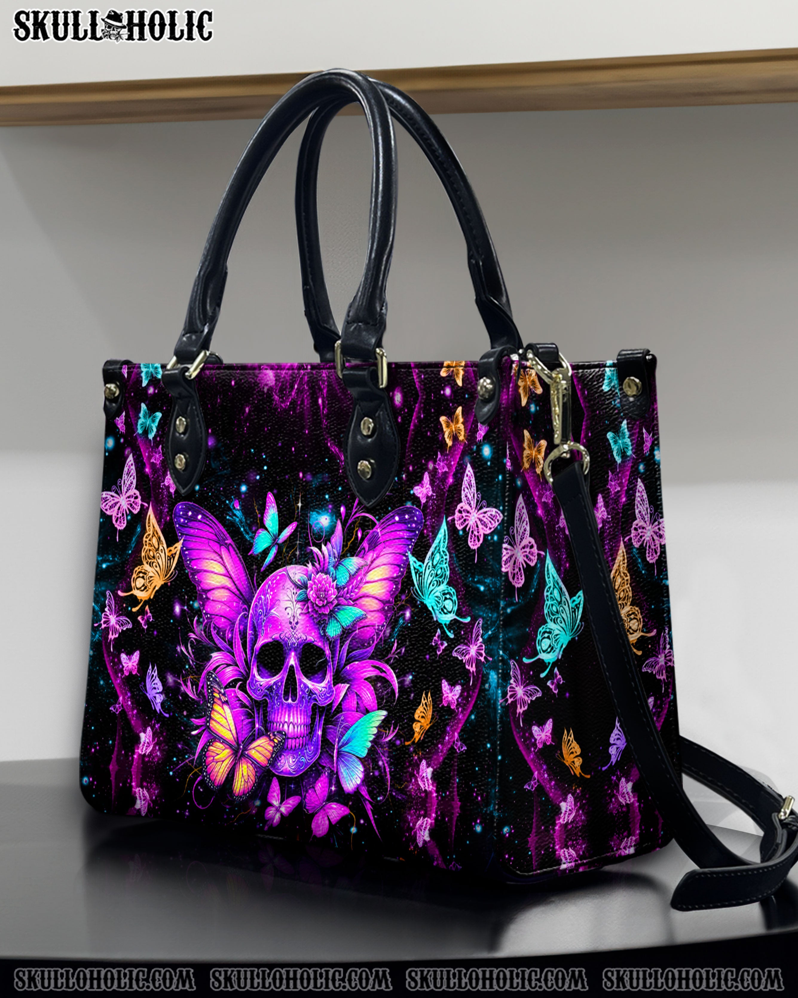 SKULL BUTTERFLIES LEATHER HANDBAG - YHDU0107244