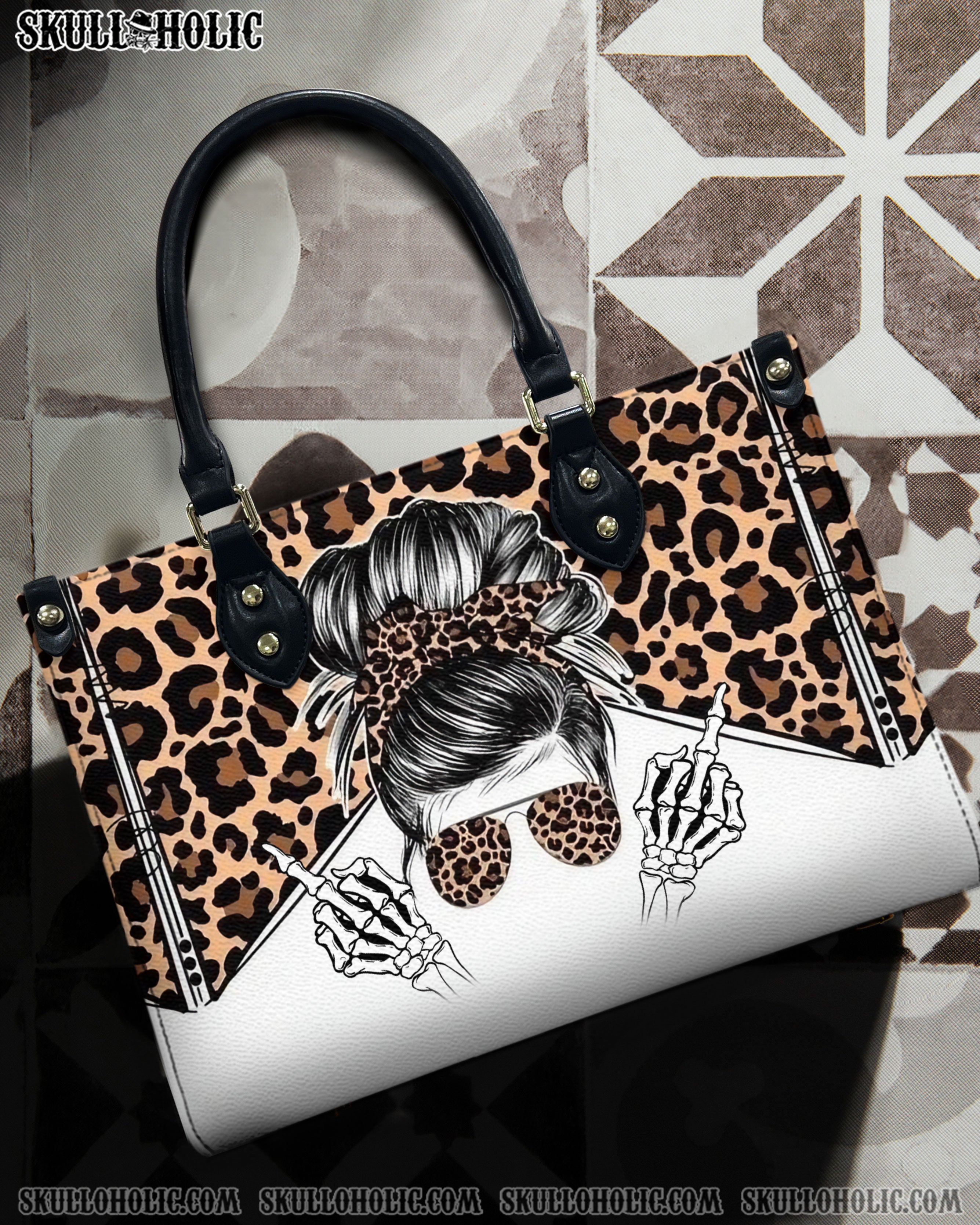 MESSY BUN SKULL LEOPARD LEATHER HANDBAG - YHDU1612244