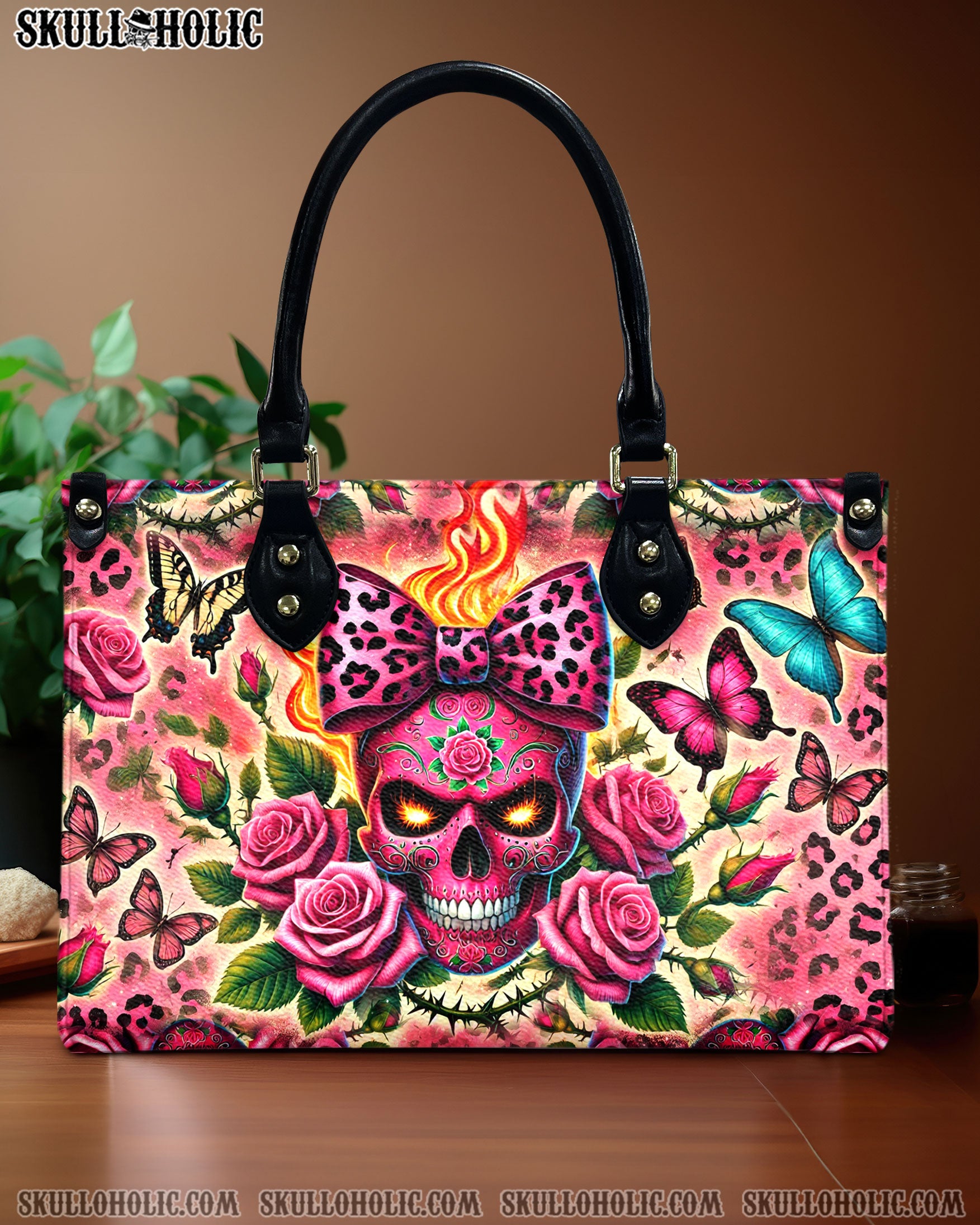 SUGAR SKULL ROSE LEOPARD LEATHER HANDBAG   - TLDU1211244