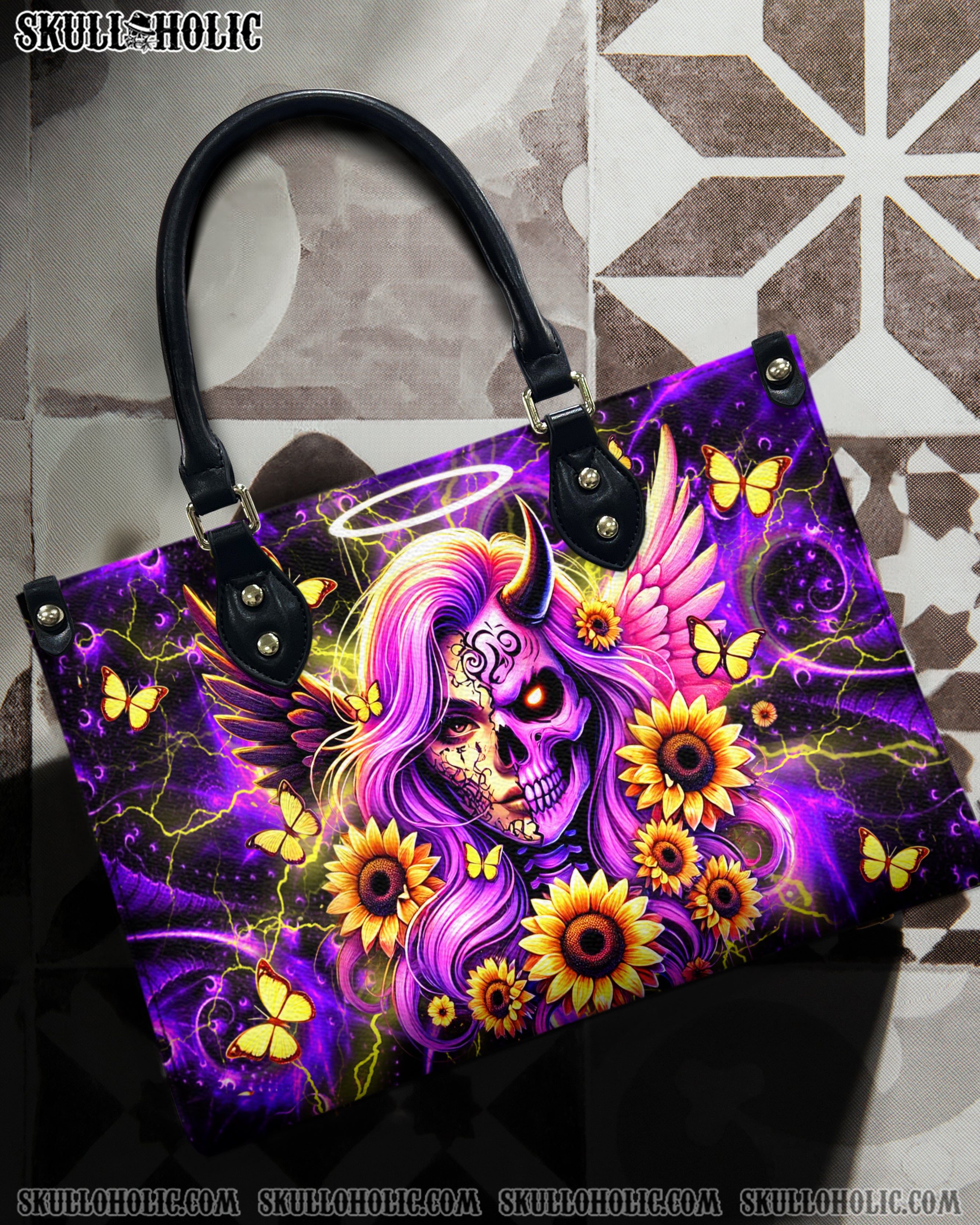 SKULL LADY SUNFLOWER LEATHER HANDBAG - YHDU3012244