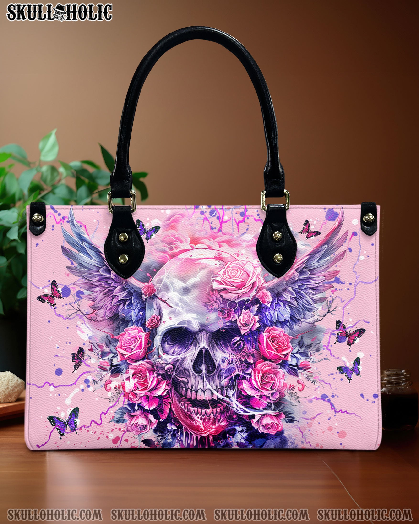 I AM THE STORM SKULL ROSES WINGS LEATHER HANDBAG - YHDU3010244