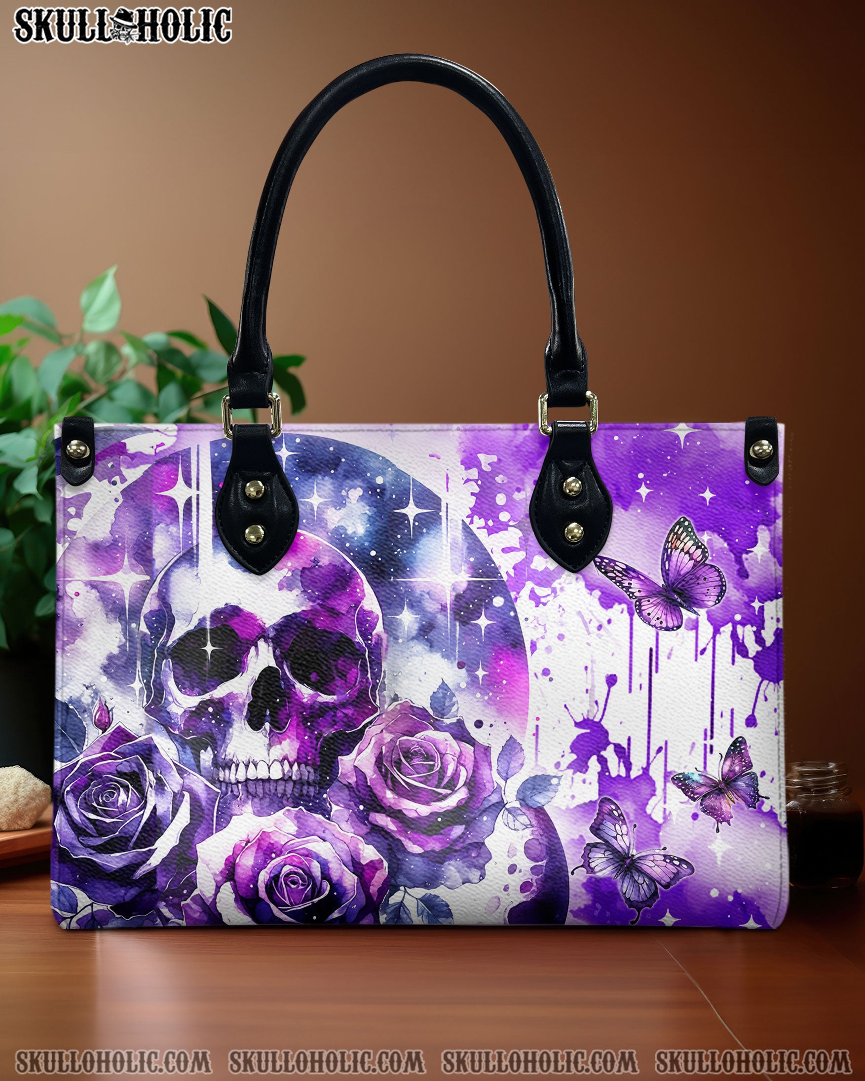 PURPLE SKULL ROSE LEATHER HANDBAG - YHDU2905242