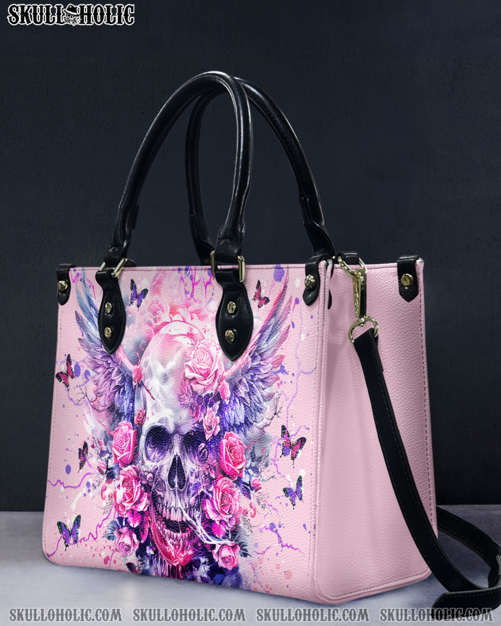 I AM THE STORM SKULL ROSES WINGS LEATHER HANDBAG - YHDU3010244