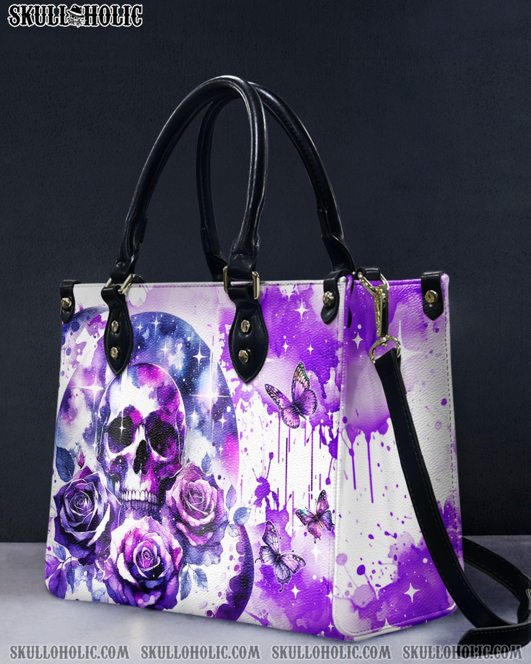 PURPLE SKULL ROSE LEATHER HANDBAG - YHDU2905242