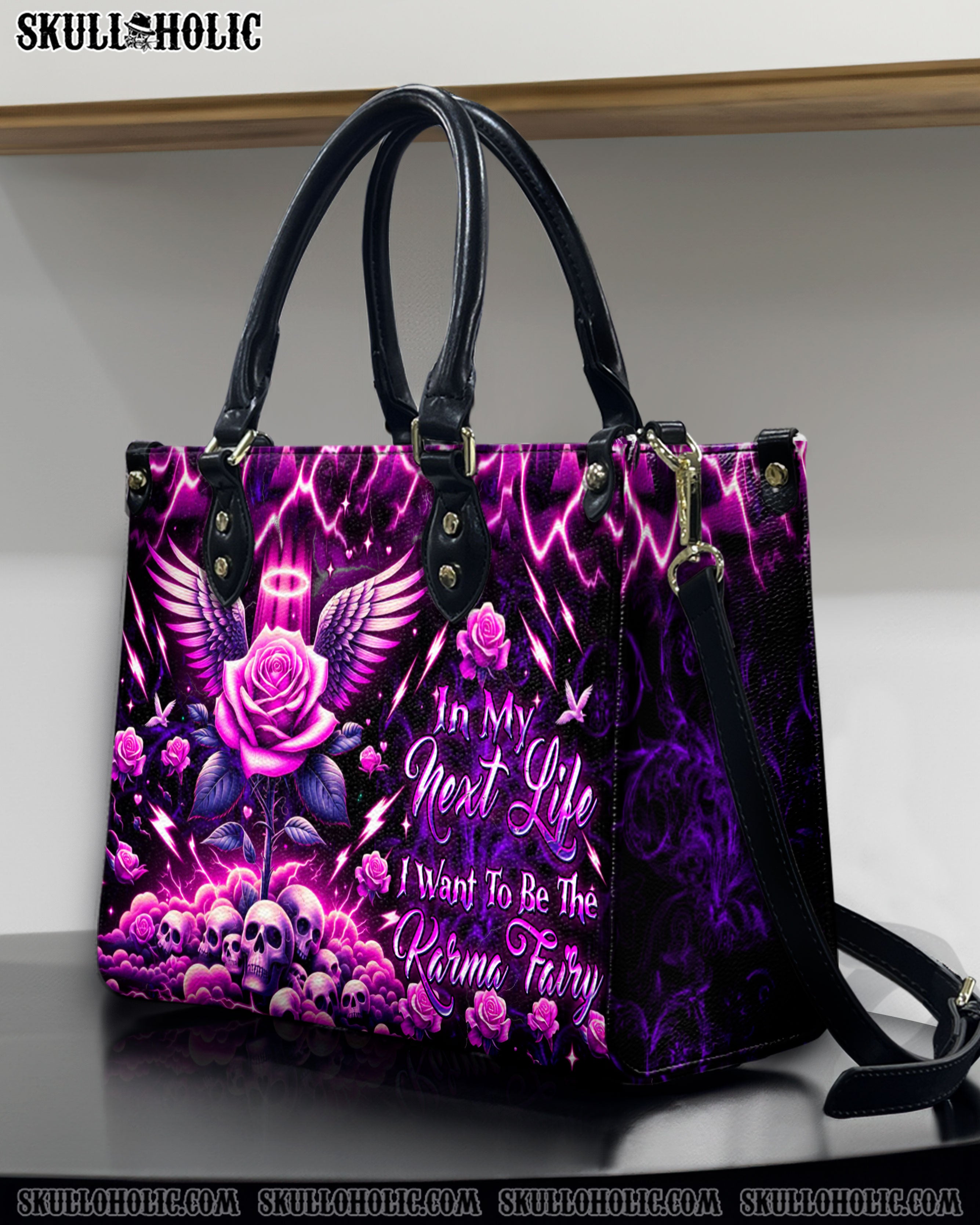 KARMA FAIRY SKULL ROSE WINGS LEATHER HANDBAG - YHDU0511244