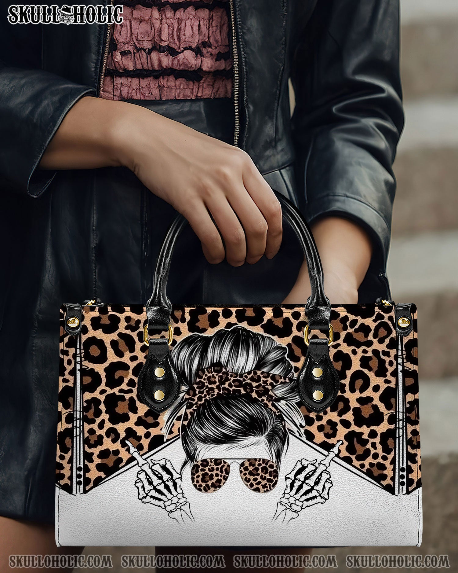 MESSY BUN SKULL LEOPARD LEATHER HANDBAG - YHDU1612244