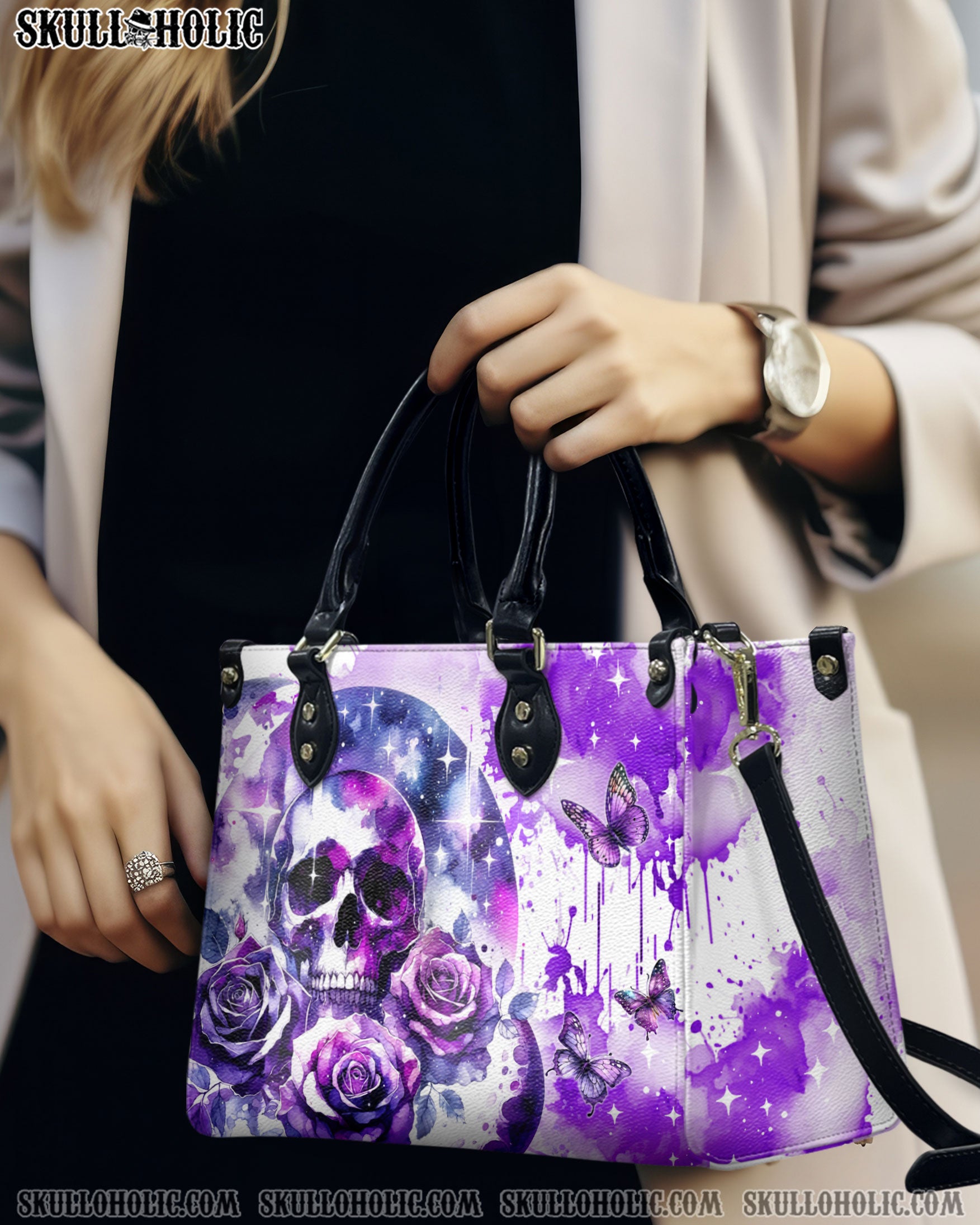 PURPLE SKULL ROSE LEATHER HANDBAG - YHDU2905242