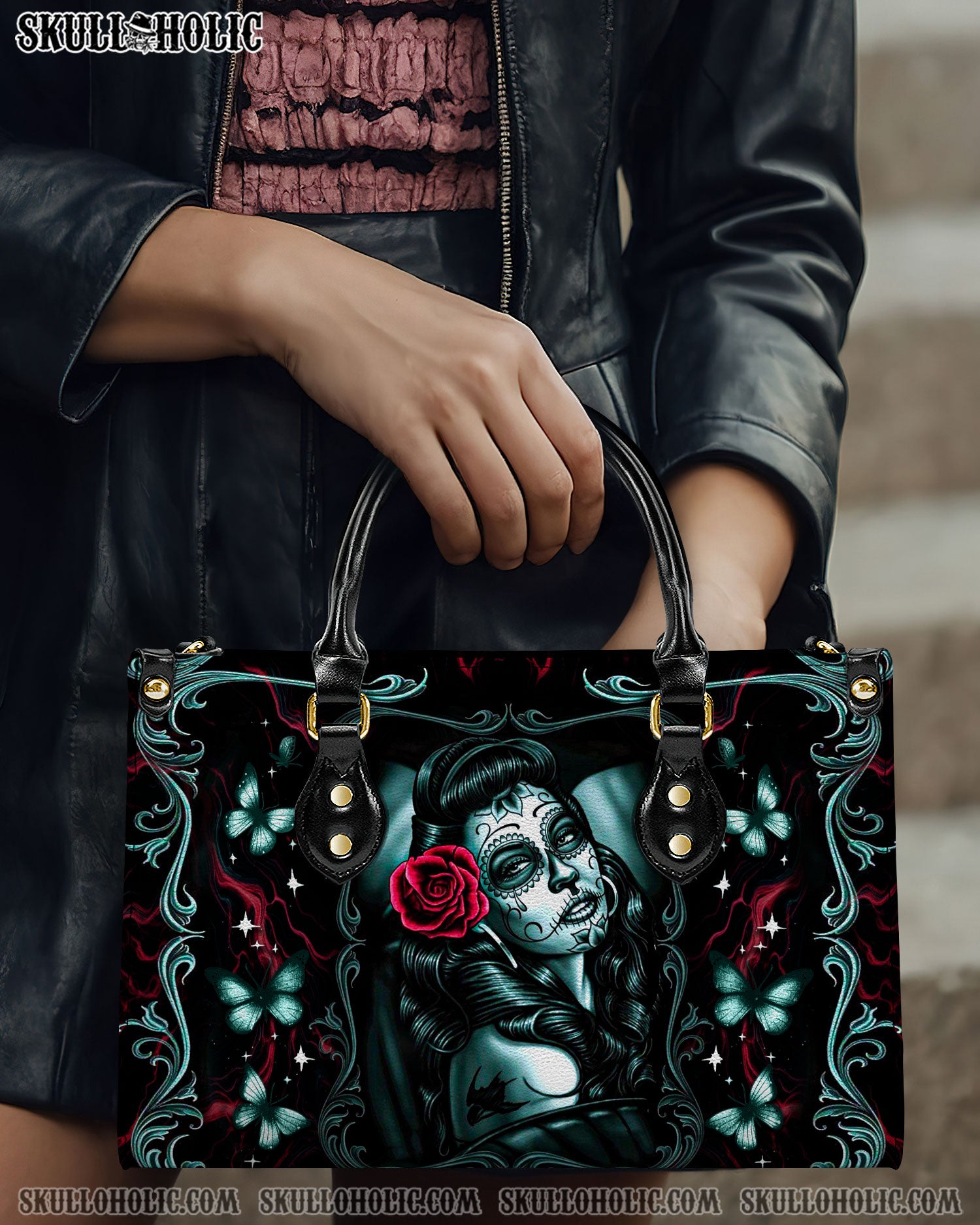 SKULL LADY ROSE LEATHER HANDBAG - YHDU0301255