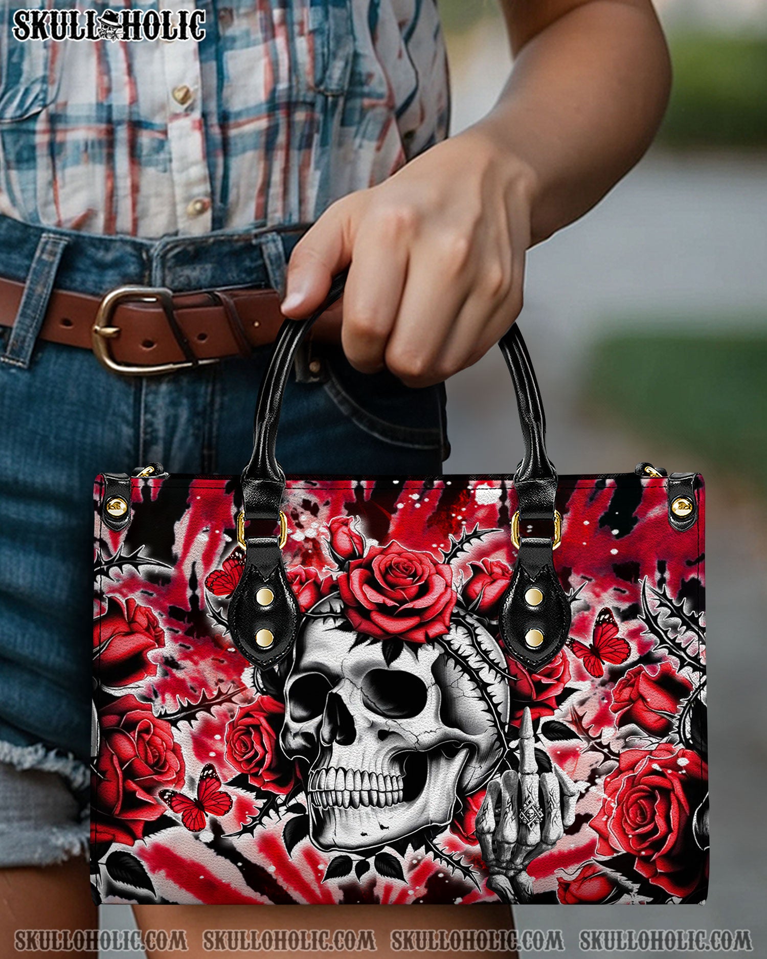 SKULL ROSES TIE DYE LEATHER HANDBAG - YHDU2811244