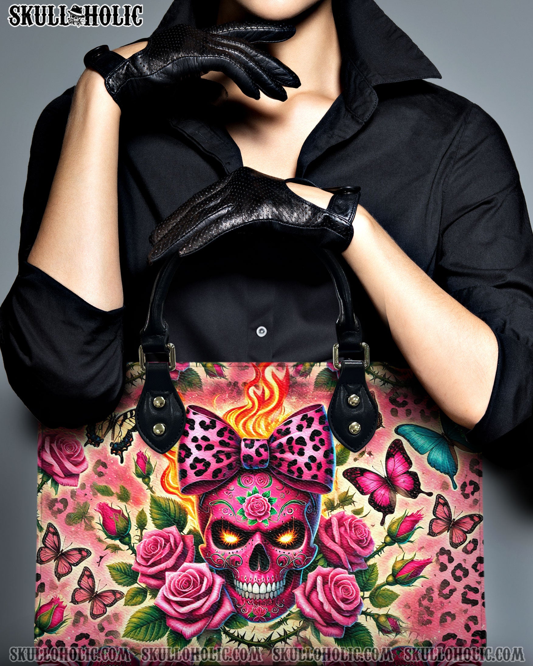 SUGAR SKULL ROSE LEOPARD LEATHER HANDBAG   - TLDU1211244