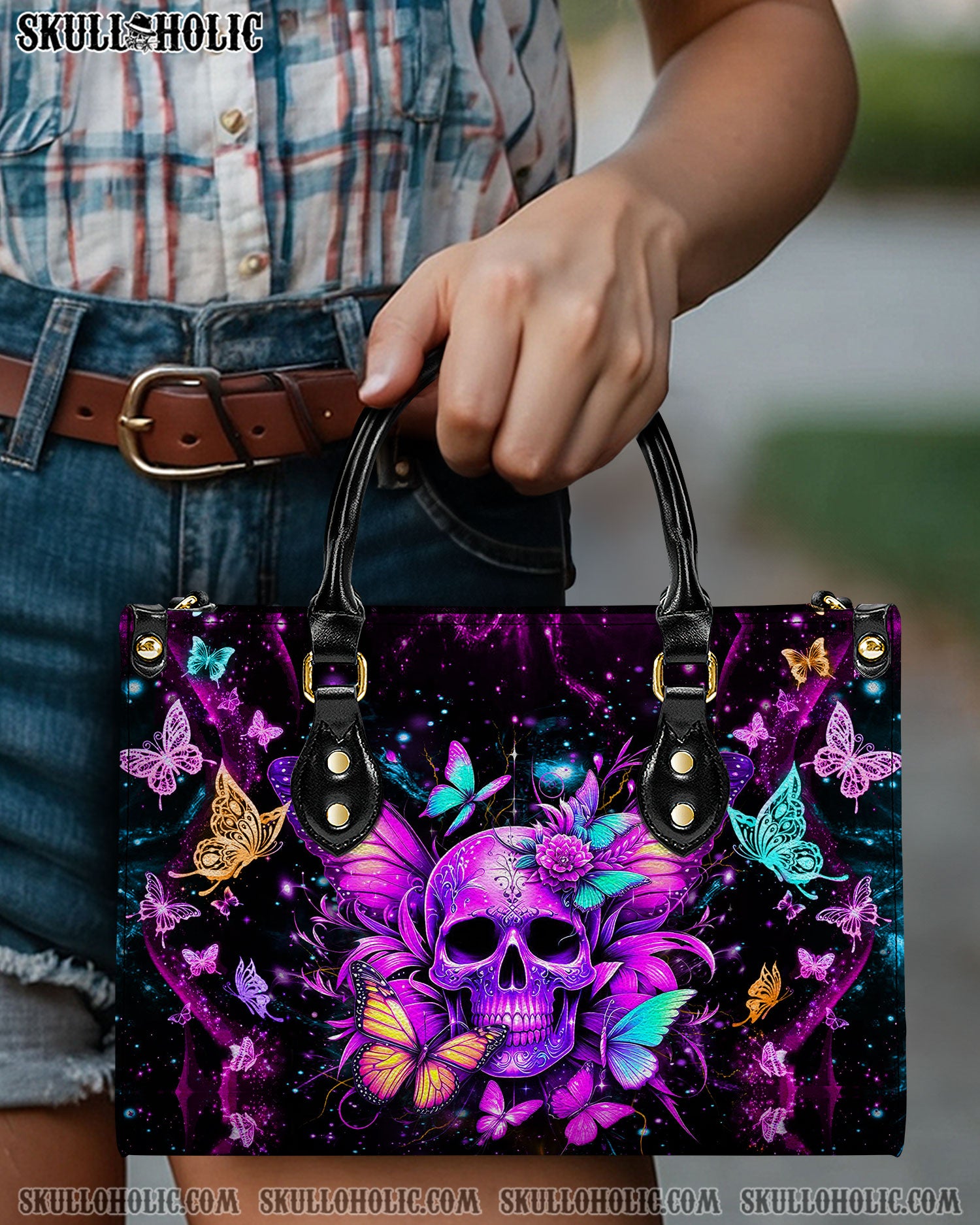 SKULL BUTTERFLIES LEATHER HANDBAG - YHDU0107244