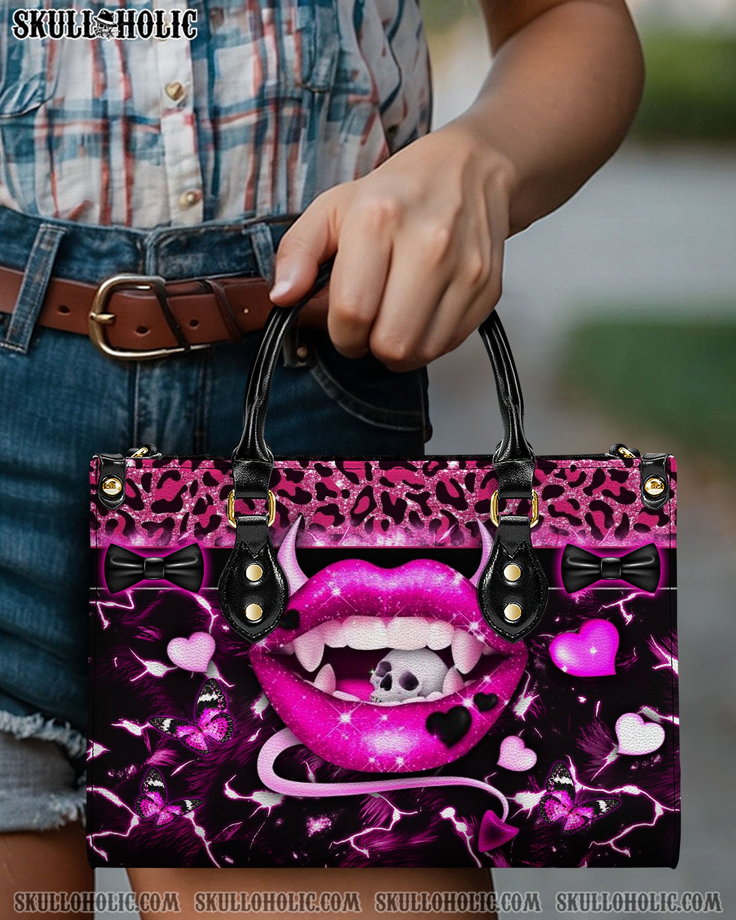 PINK EVIL LIPS LEATHER HANDBAG - YHDU0912244