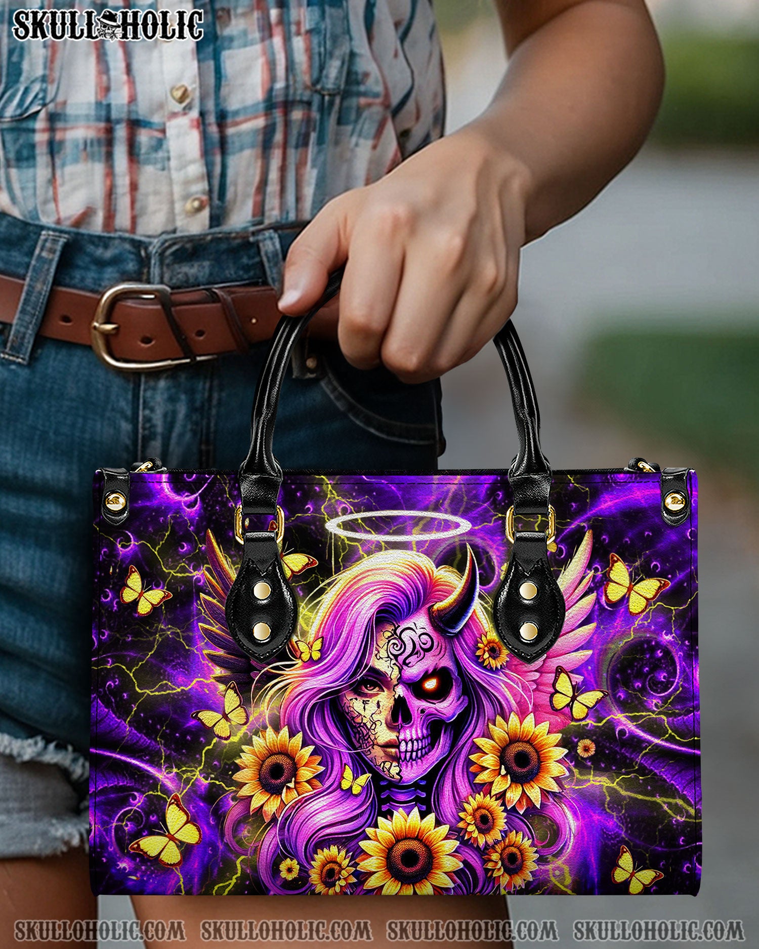 SKULL LADY SUNFLOWER LEATHER HANDBAG - YHDU3012244