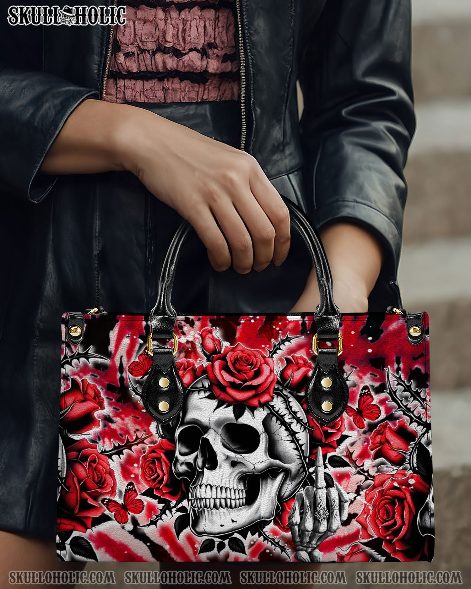 SKULL ROSES TIE DYE LEATHER HANDBAG - YHDU2811244