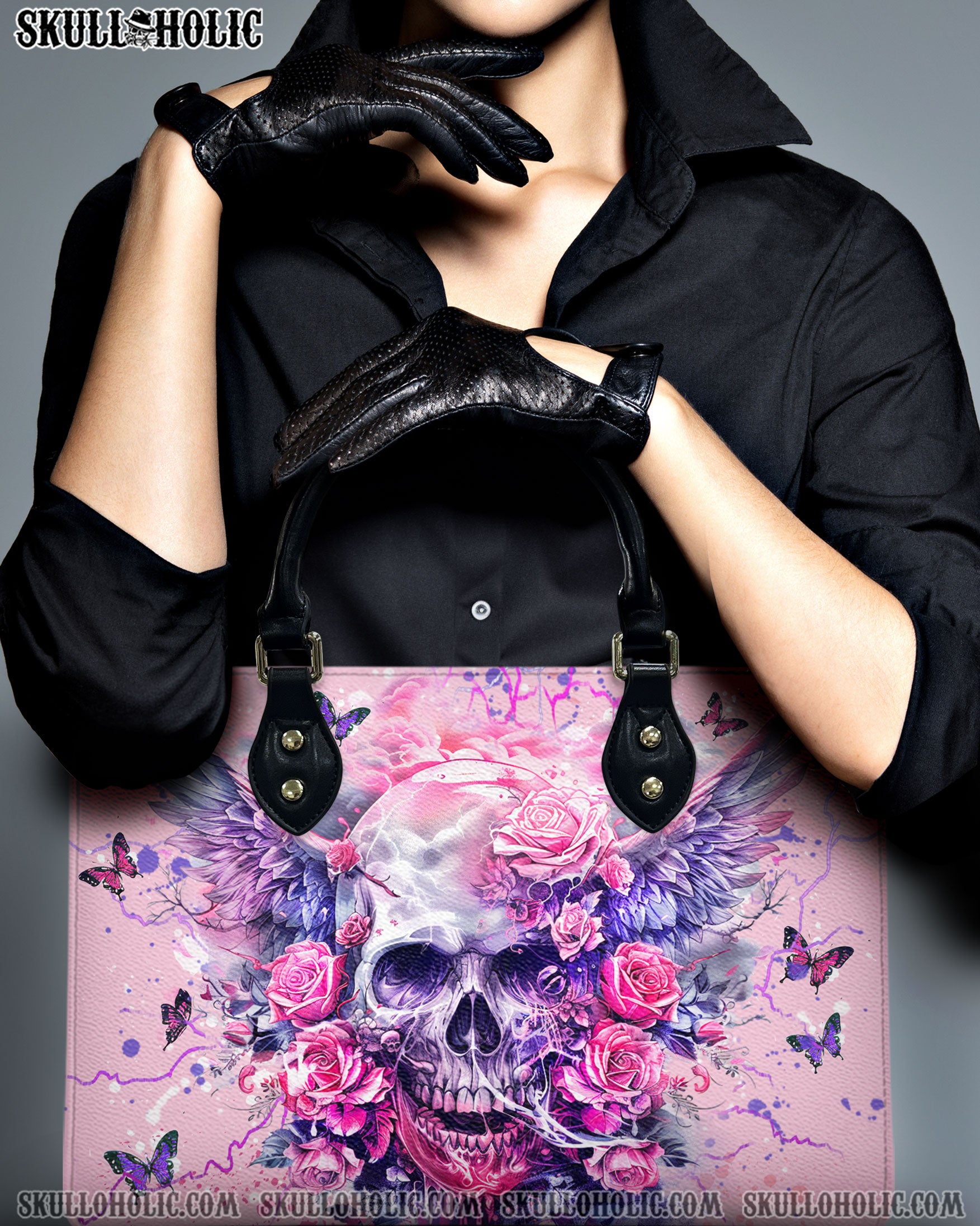 I AM THE STORM SKULL ROSES WINGS LEATHER HANDBAG - YHDU3010244