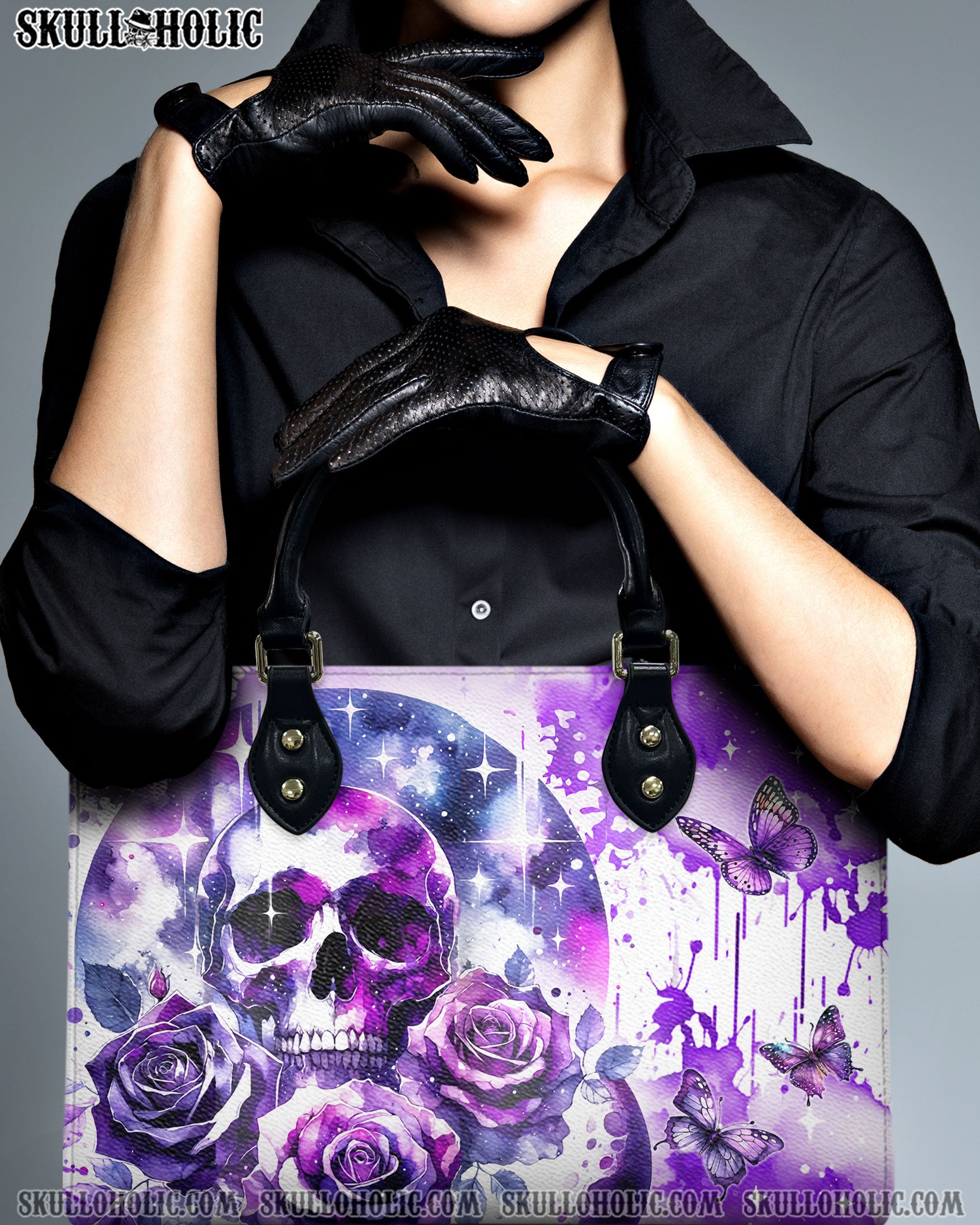 PURPLE SKULL ROSE LEATHER HANDBAG - YHDU2905242