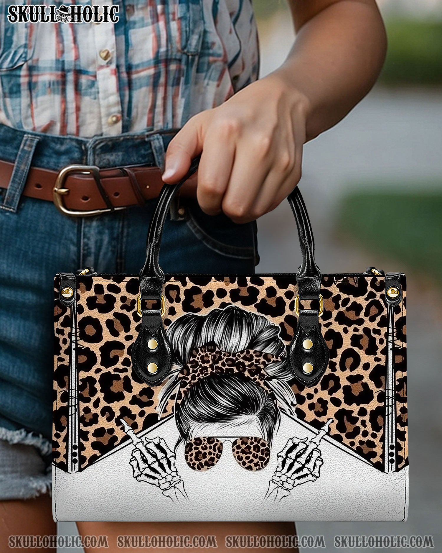 MESSY BUN SKULL LEOPARD LEATHER HANDBAG - YHDU1612244