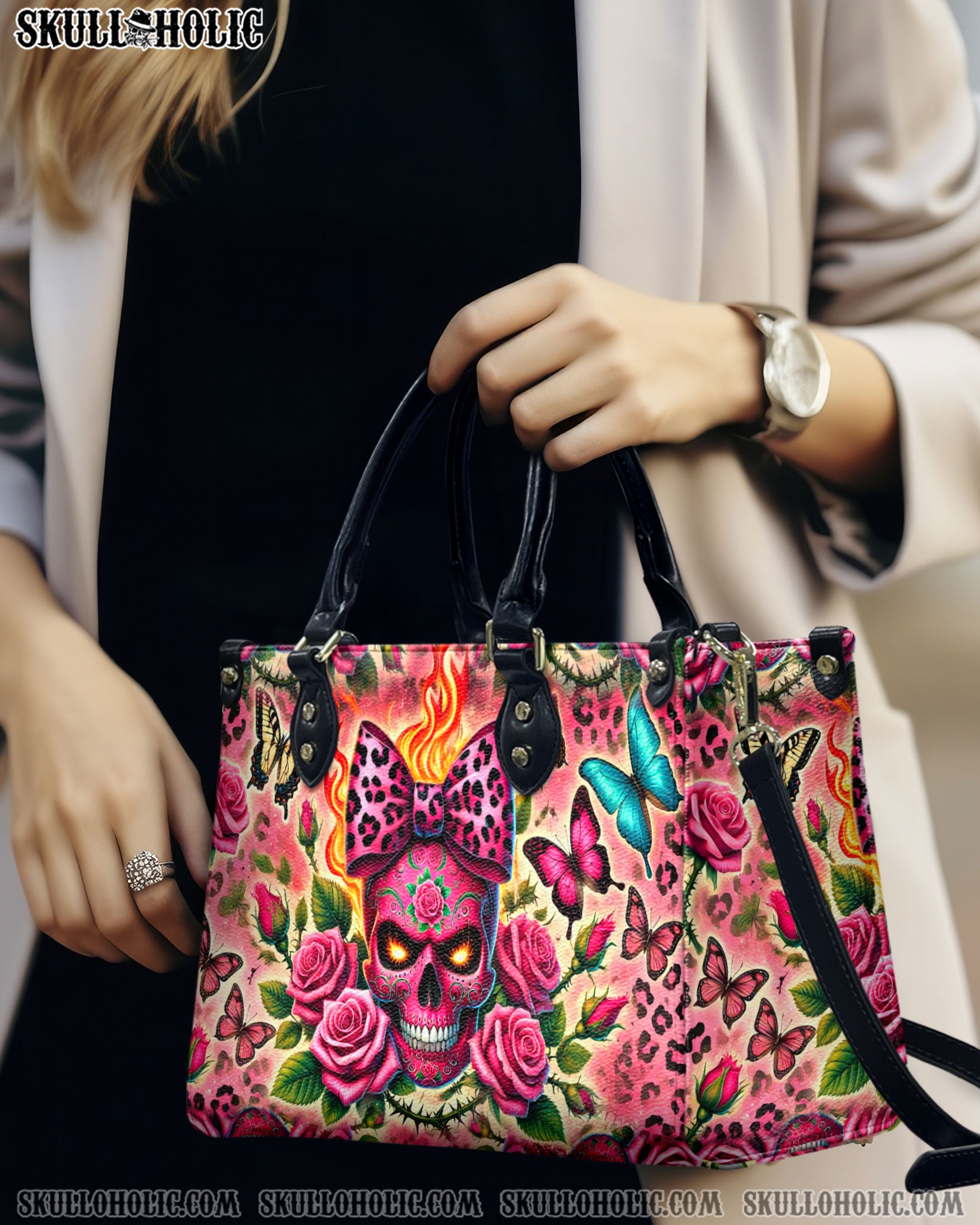 SUGAR SKULL ROSE LEOPARD LEATHER HANDBAG   - TLDU1211244