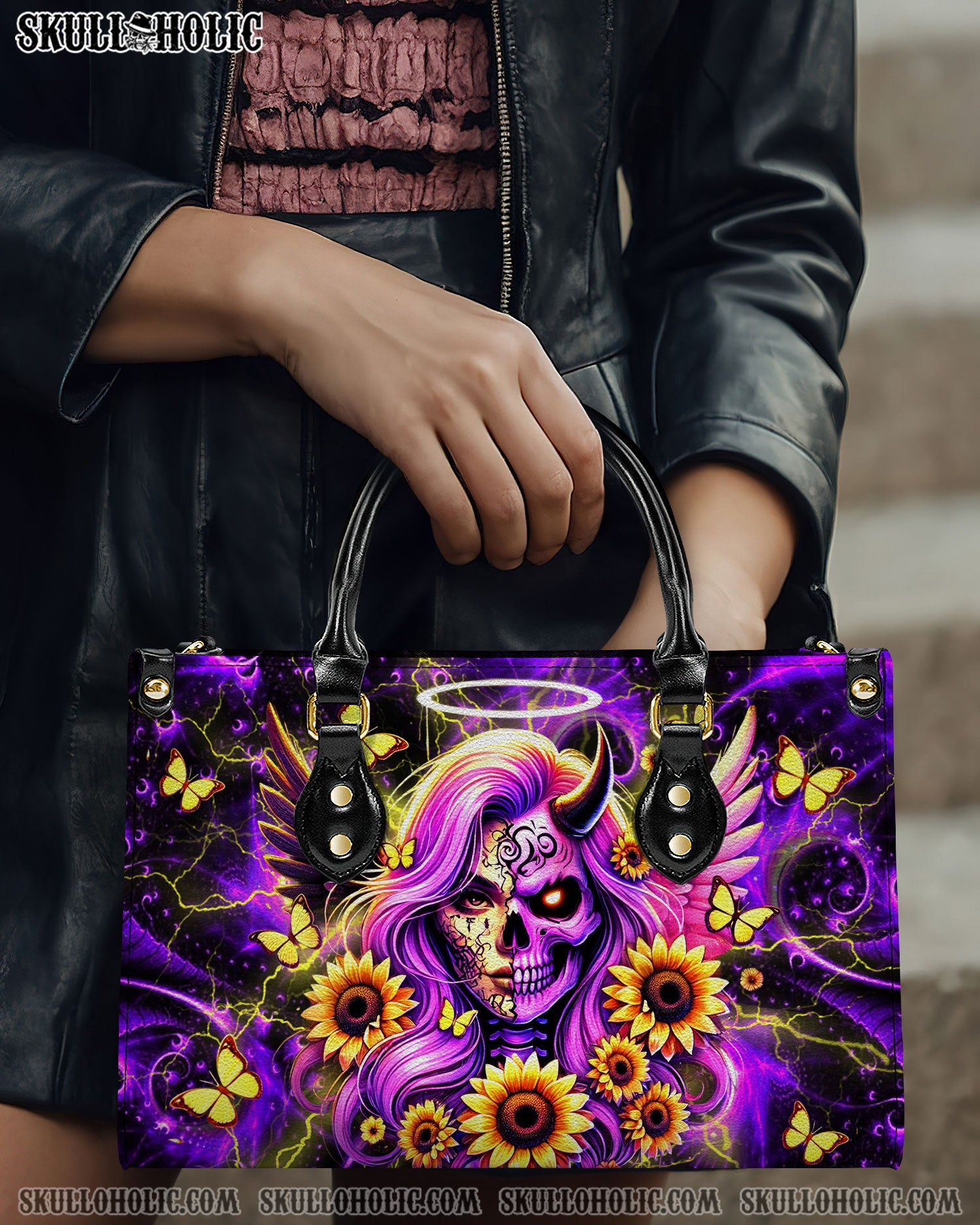 SKULL LADY SUNFLOWER LEATHER HANDBAG - YHDU3012244