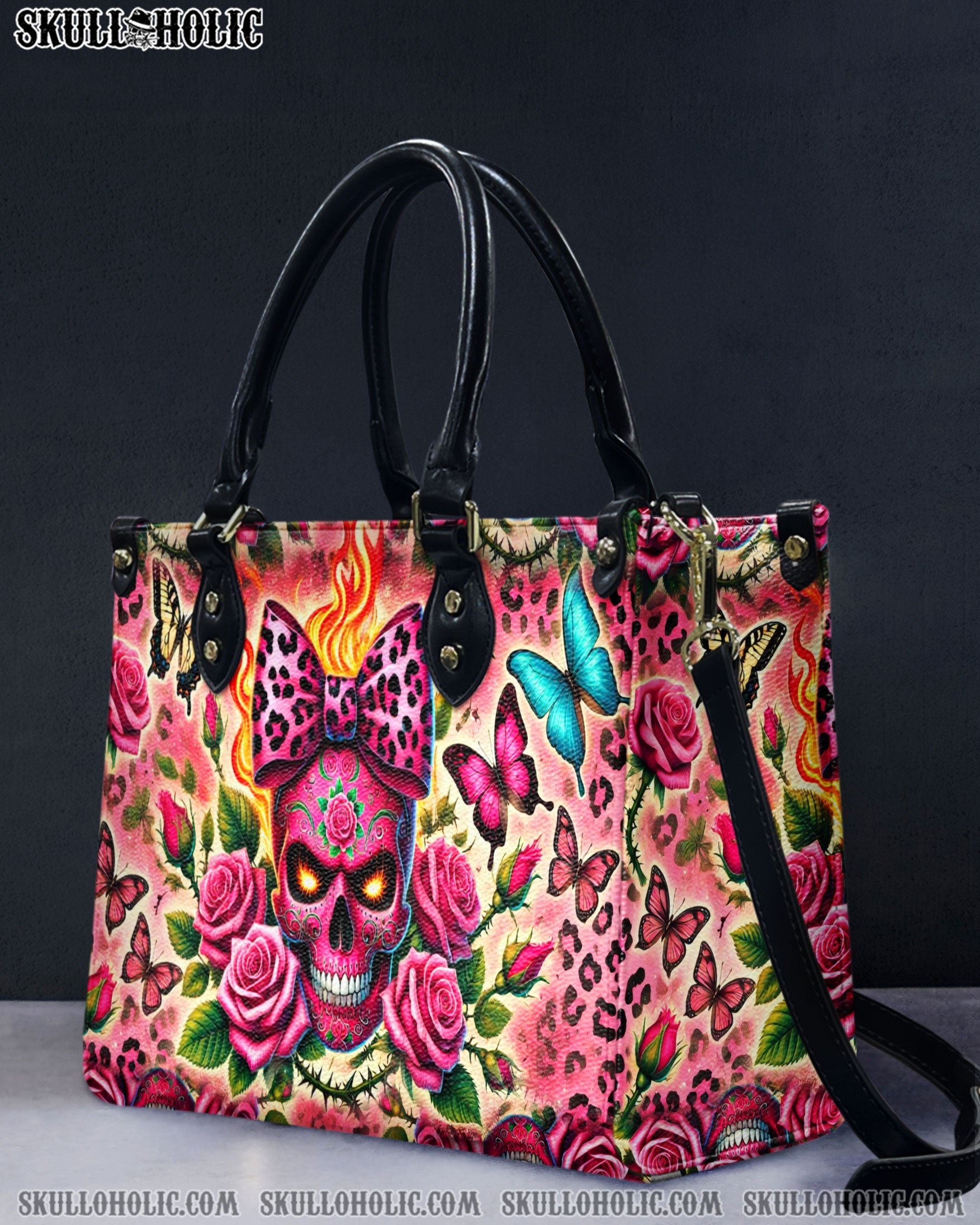 SUGAR SKULL ROSE LEOPARD LEATHER HANDBAG   - TLDU1211244